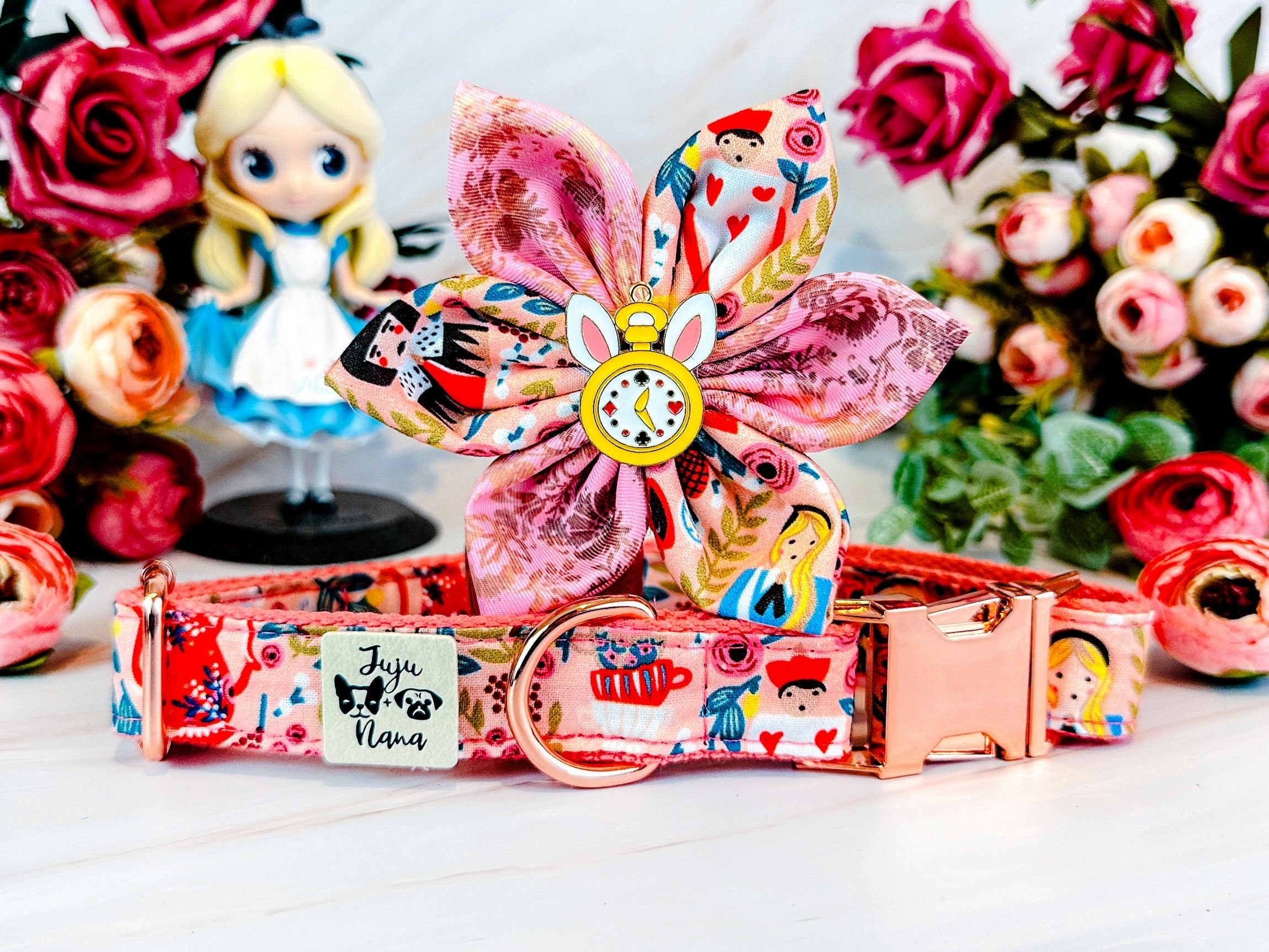 Rifle Paper Co Floral Dog Collar - Alice in Wonderland Inspired Pink Pet Accessory for Small & Medium Dogs | Perfect for Walks, Pet Photos & Special Occasions