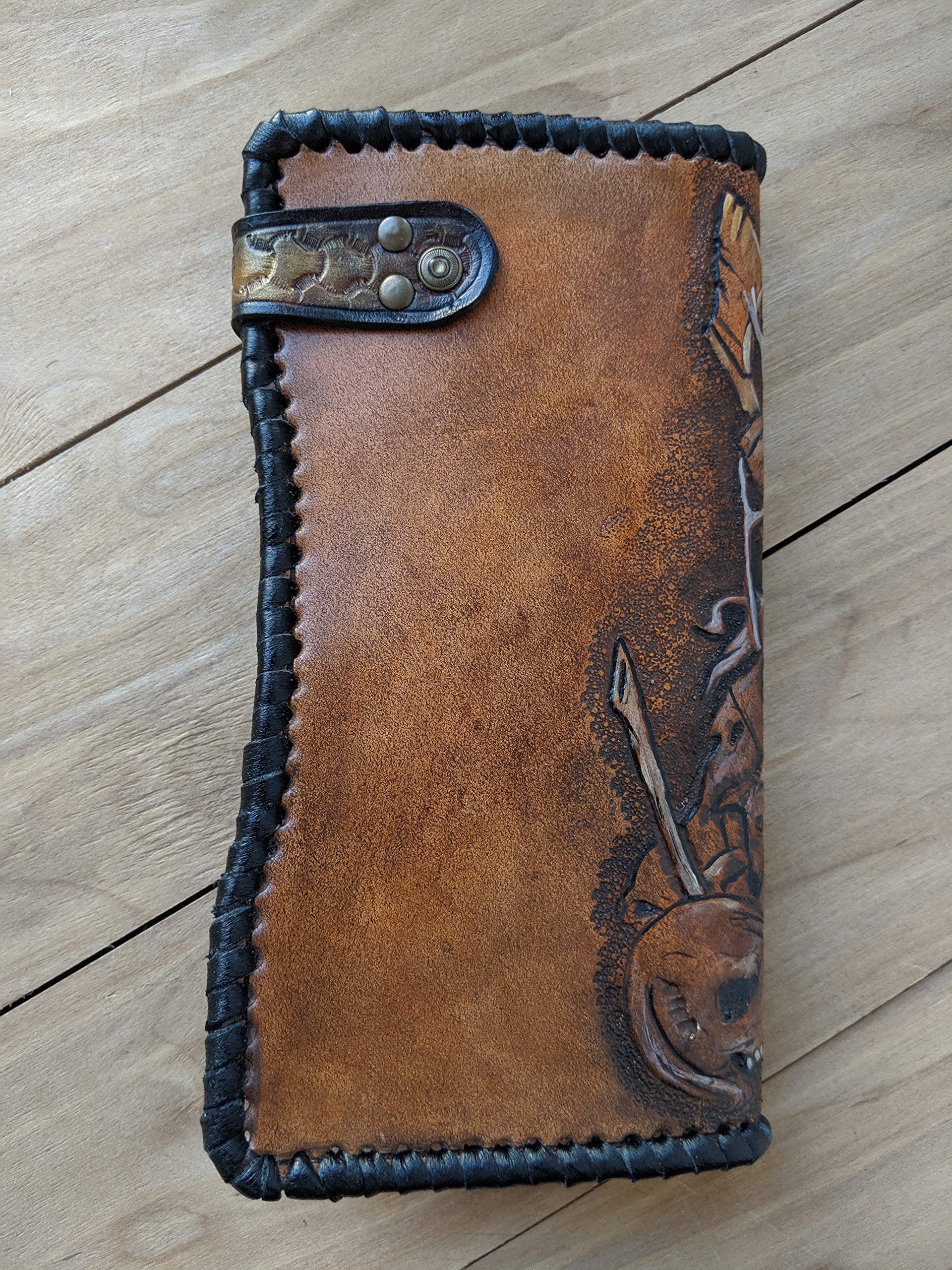 Viking Warriors 3D Genuine Leather Wallet for Men - Odin, Axe, Rune & Skull Design - Handmade Biker Wallet with Airbrush Art - Custom Long Leather Wallet - Perfect for Motorcycle Riders, Collectors & Gift Giving