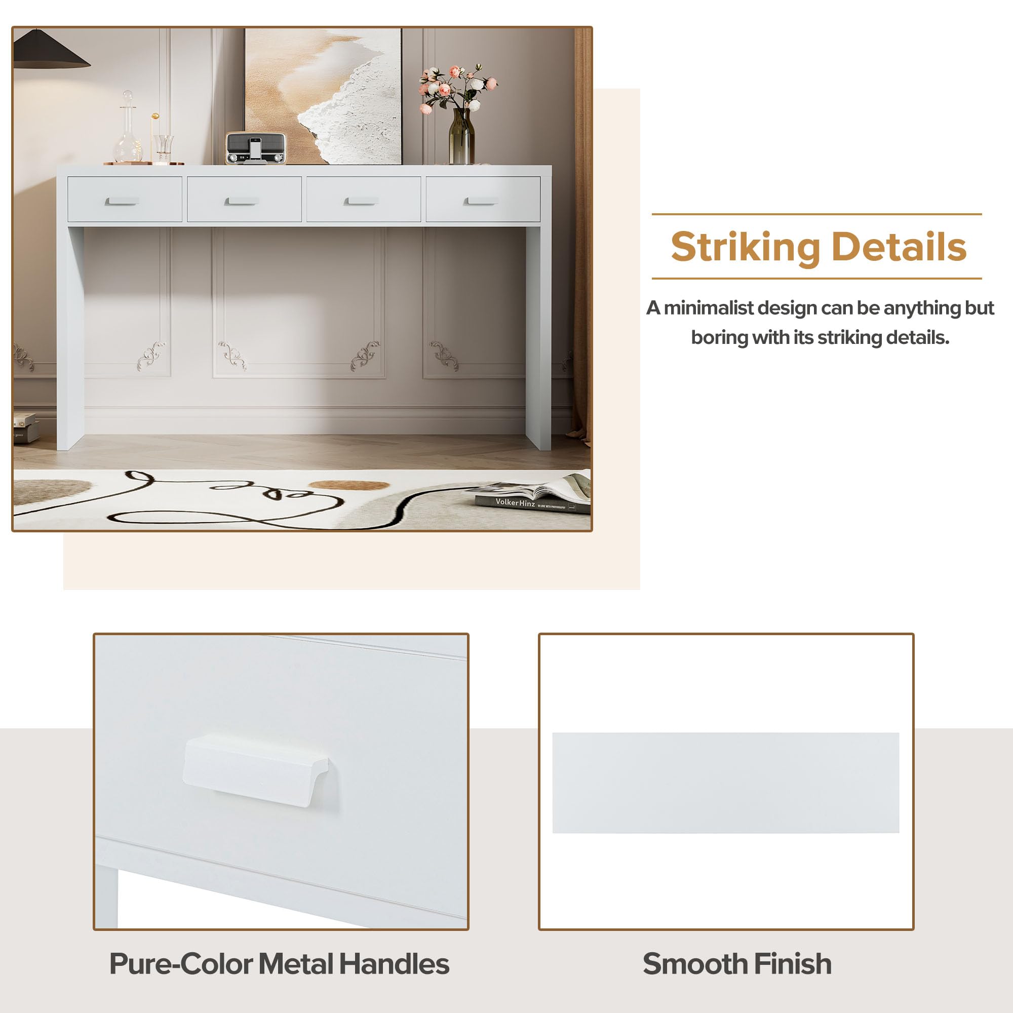 JULYFOX 52 Inch Solid Wood Sofa Console Table with 4 Storage Drawers - Entryway Hallway Table for Living Room & Dining Room - Heavy Duty Furniture for Home Decor (White) - Perfect for Small Spaces & Apartment Living