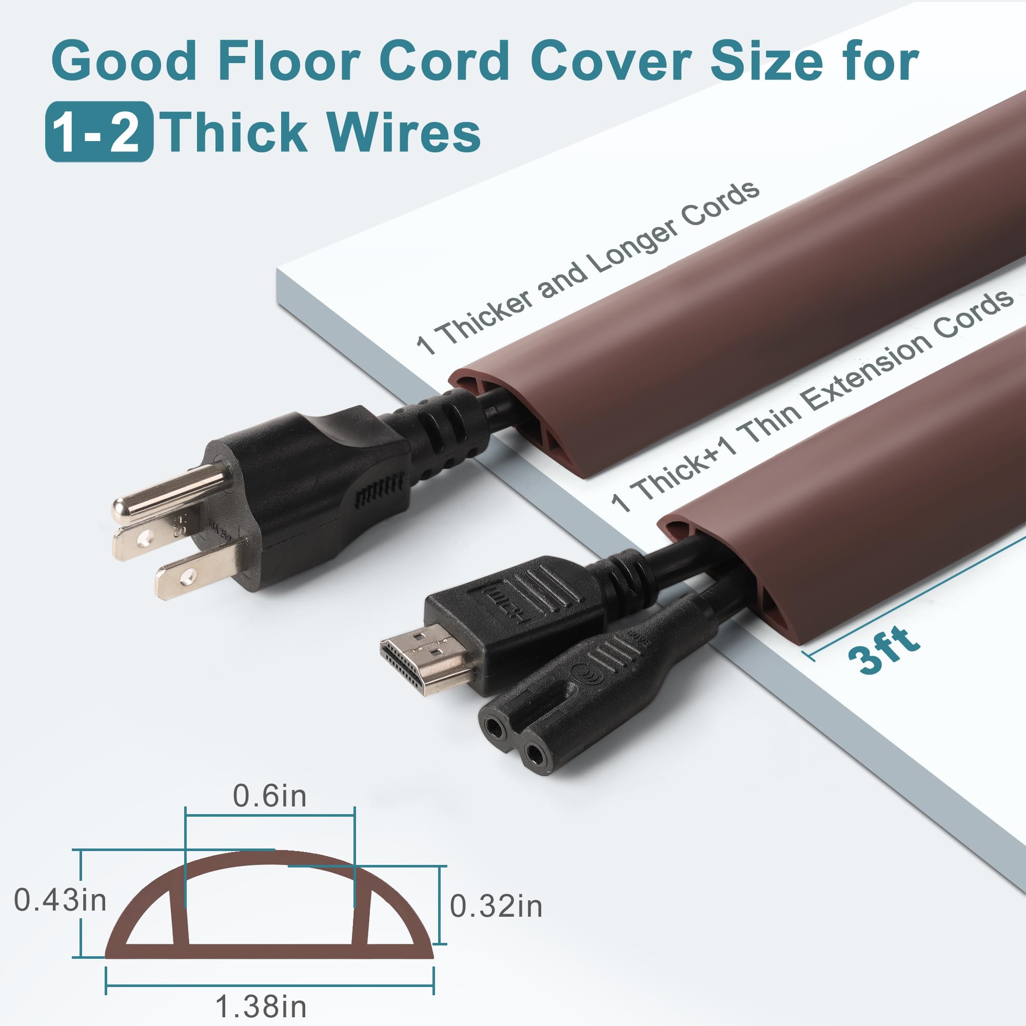 3ft Beige Floor Cable Cover - Low Profile Cord Hider for Wires on Hardwood, Carpet & Office Floors | Safe Cable Management Solution for Home & Workspace