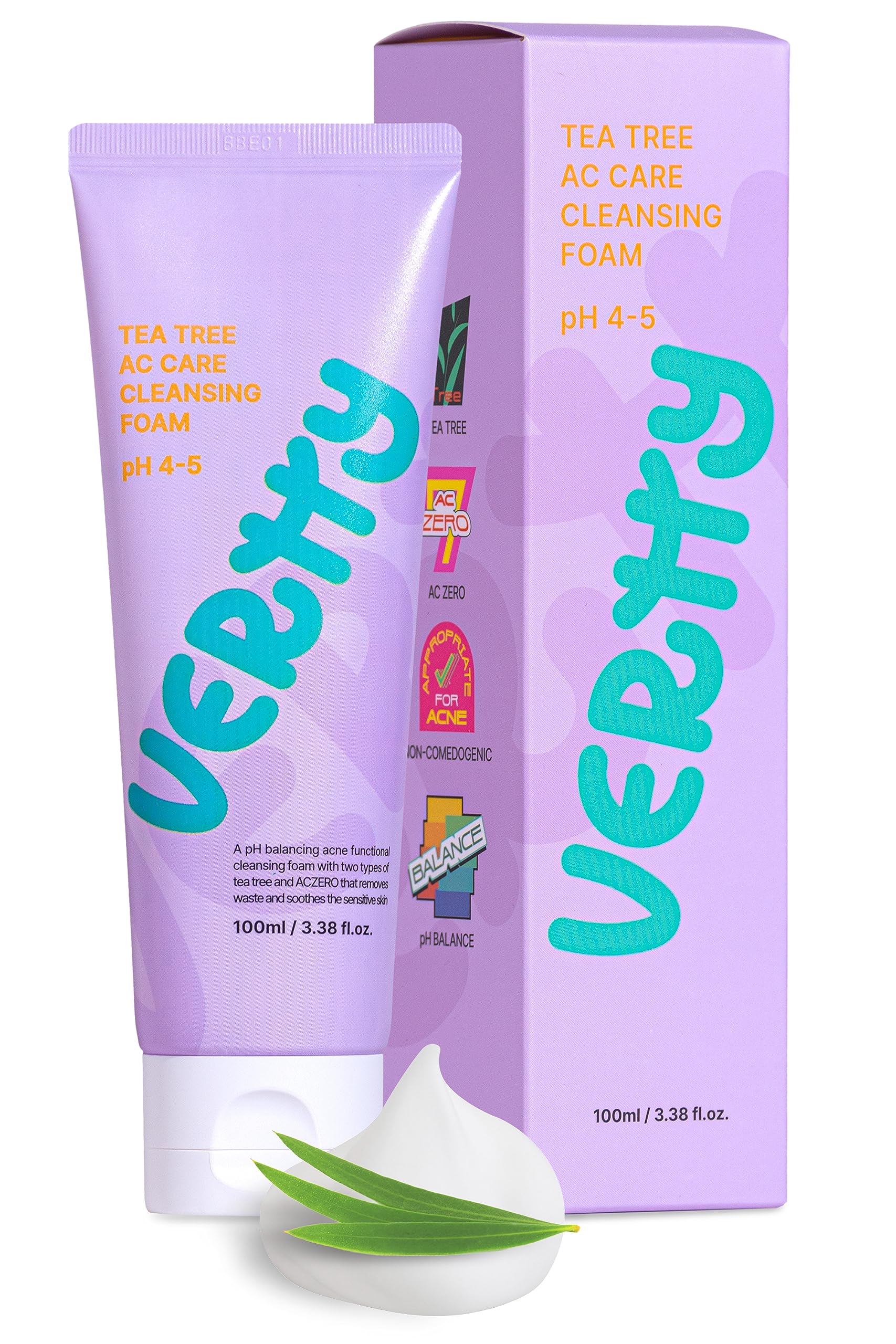 Vertty Tea Tree Vegan Cleansing Foam - Oil Control Face Wash with Hydro Boost for Sensitive Skin | Exfoliating, Moisturizing & Hydrating Daily Cleanser | Gentle Formula for Teens & Kids Skincare Routine (3.38oz) | Perfect for Morning & Nighttime Face Cleansing