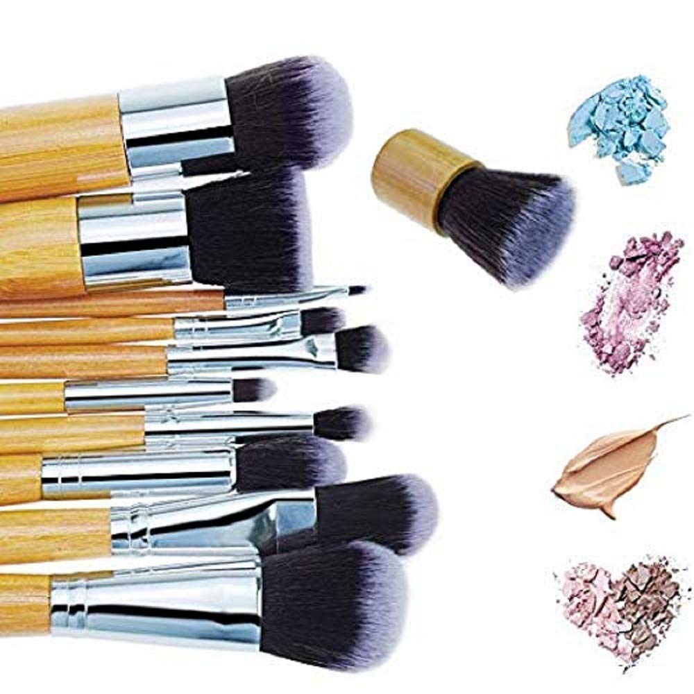 Angelie Professional 11-Piece Wooden Makeup Brush Set with Blender Sponge - Perfect for Foundation, Contouring & Eyeshadow Application