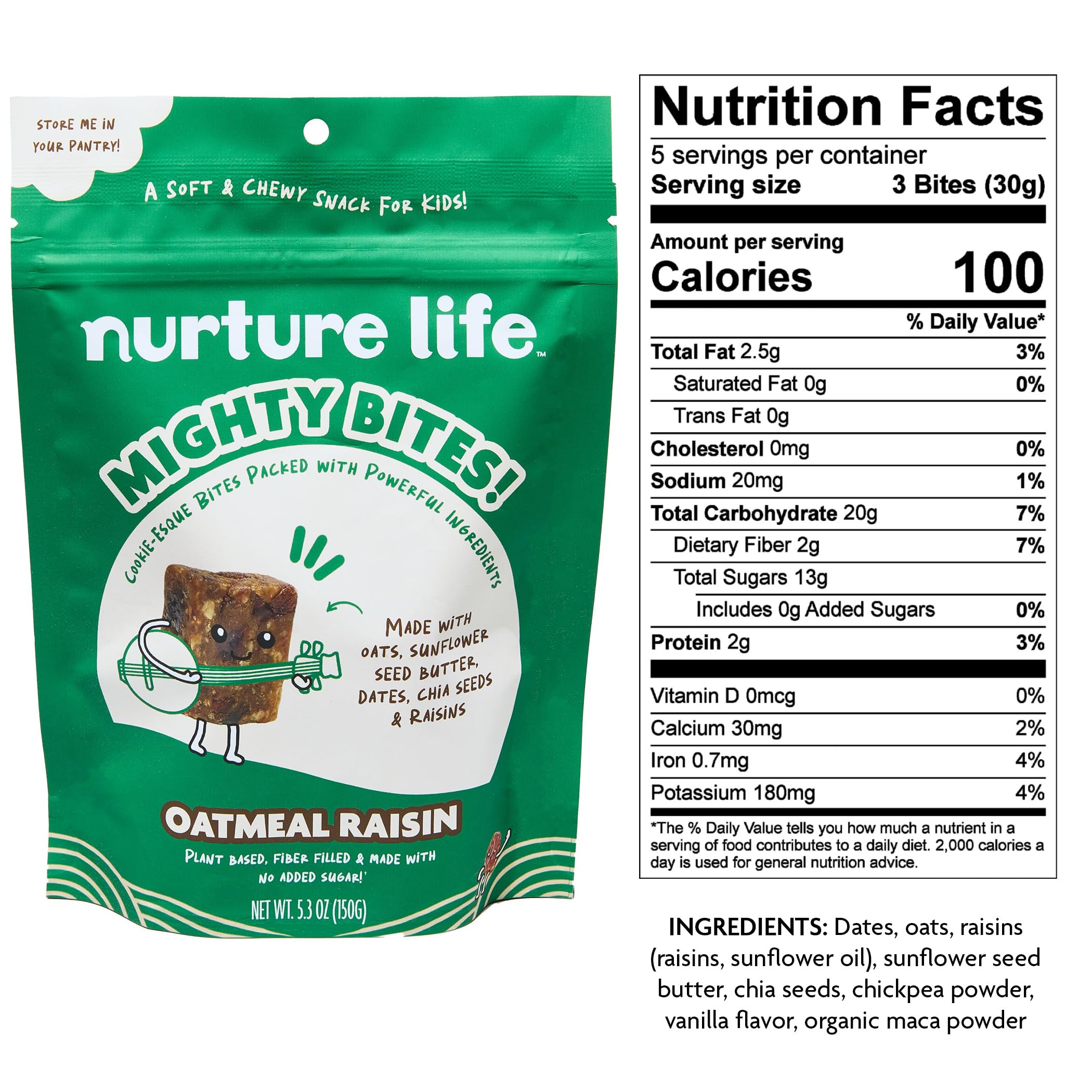 Organic Oatmeal Raisin Mighty Bites for Kids & Toddlers - High Protein, High Fiber, Low Sugar Healthy Snacks - Plant-Based Small Size Bites - Perfect for Lunchboxes, After-School Snacks & On-the-Go Nutrition (1 Pack, 15 Bites)
