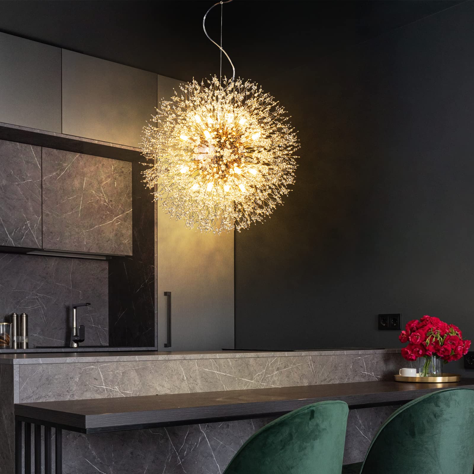 Modern Chandelier Firework Dandelion Sputnik Chandelier - 16-Light Crystal Gold Pendant Lighting Fixture for Kitchen Island, Dining Room, Bedroom & Living Room - Elegant Ceiling Light for Home Decor, Wedding & Luxury Interior Design