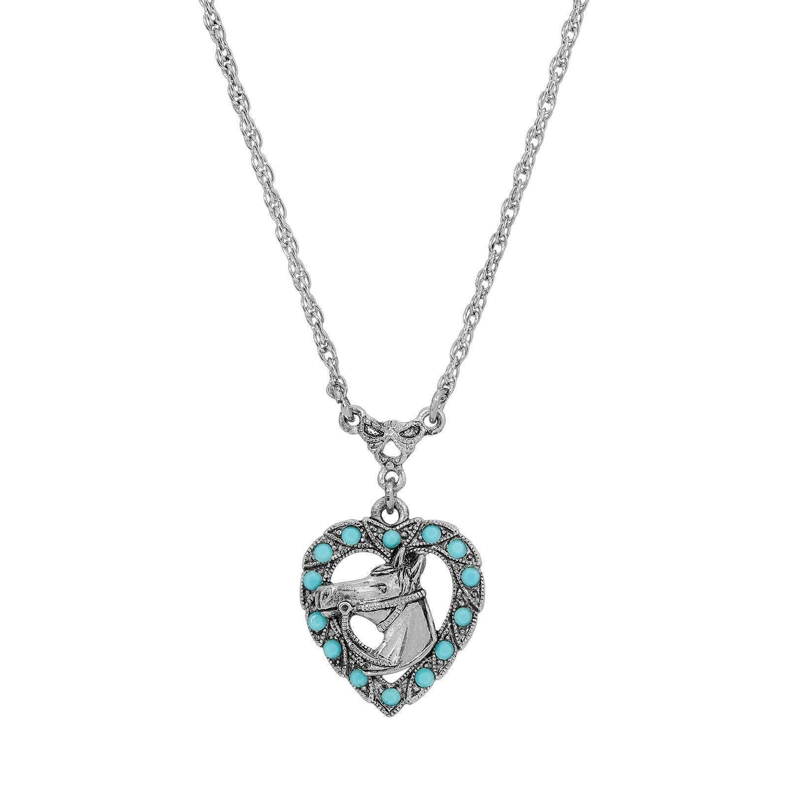 1928 Jewelry Heart Horse Head Turquoise Crystal Pendant Necklace - 16