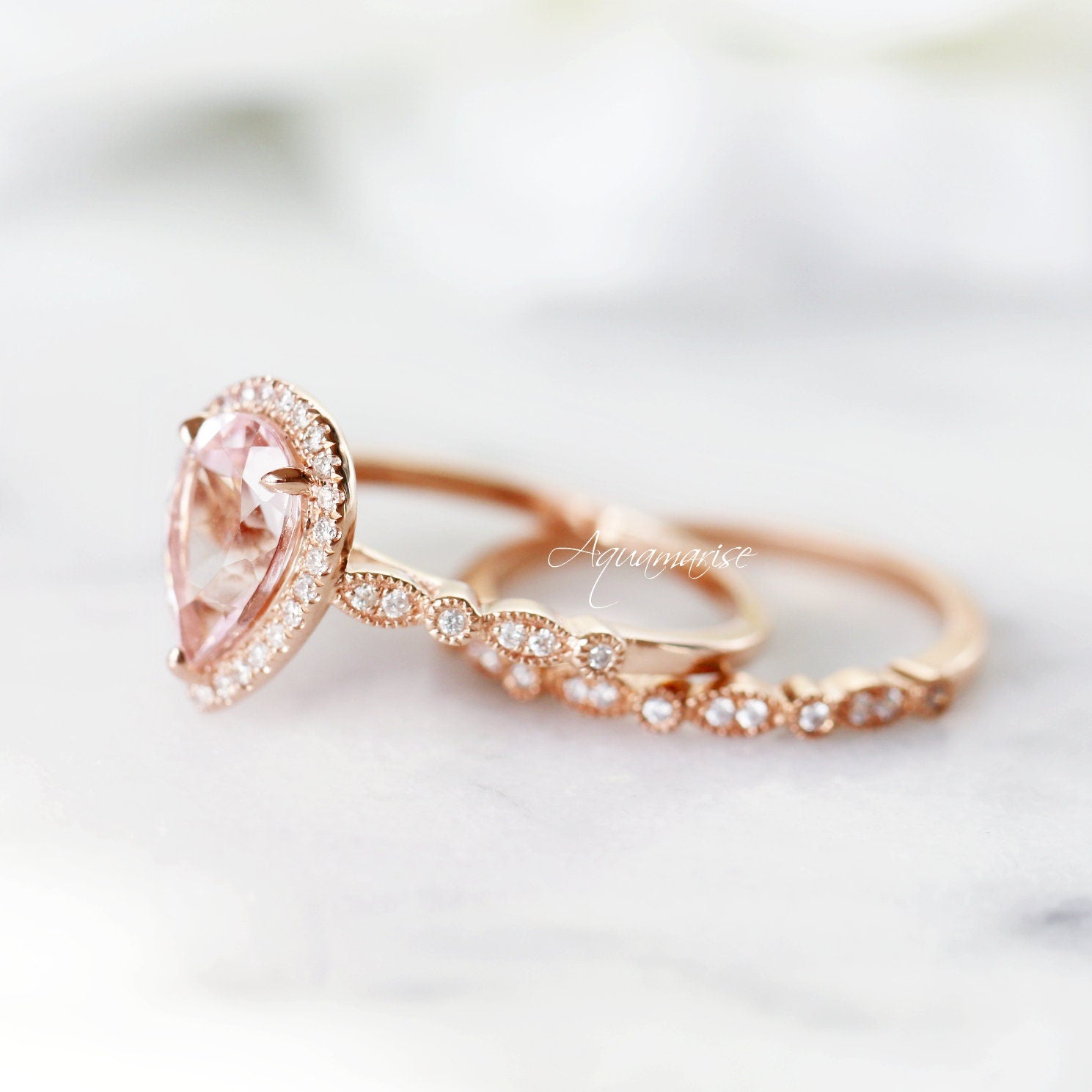 Luxury Teardrop Morganite Engagement Ring - 14K Solid Rose Gold Wedding Band for Women, Perfect for Proposals, Anniversaries & Bridal Jewelry Gifts