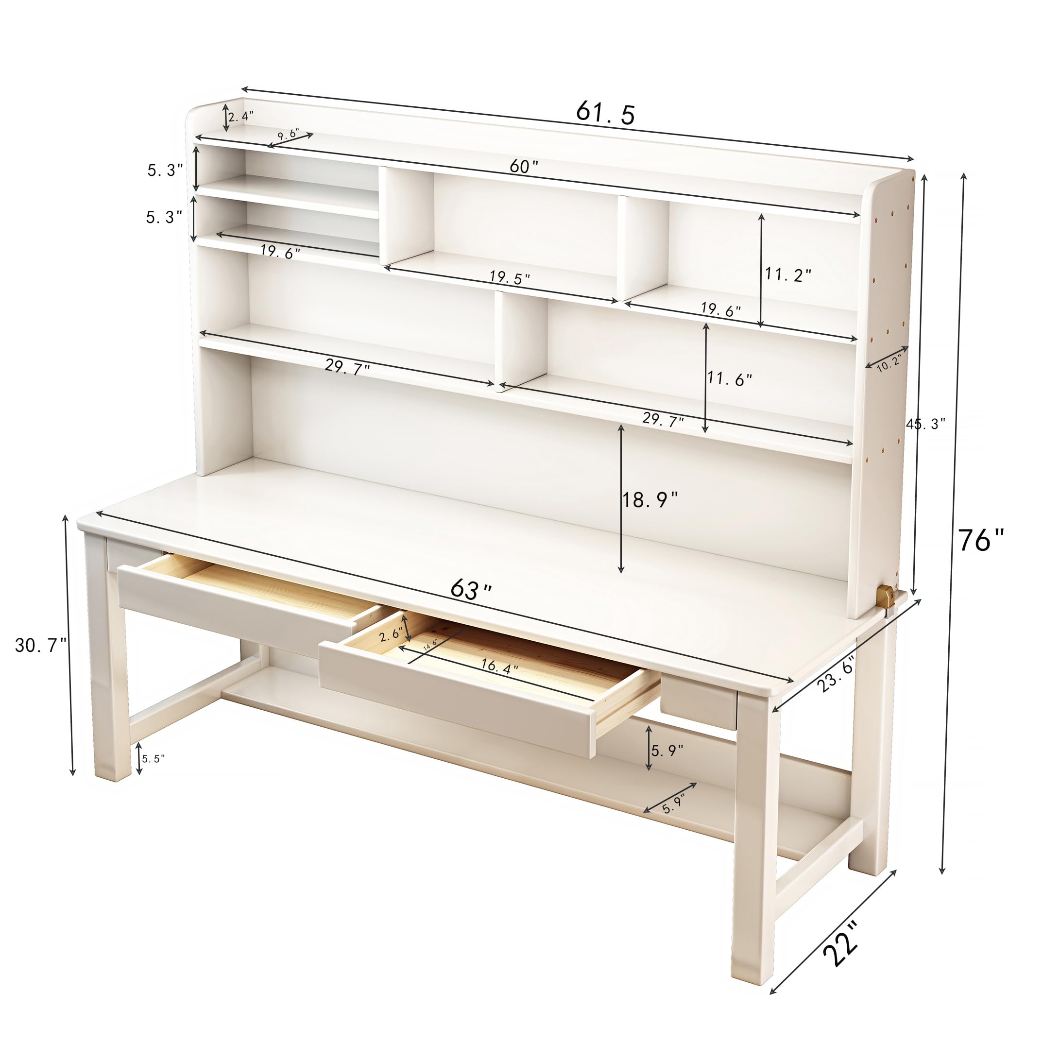 Kids Wooden Study Desk with Hutch - Adjustable Height Solid Wood Children's Table for Homework & Crafts - Perfect for Home Office, Classroom & Playroom (White)