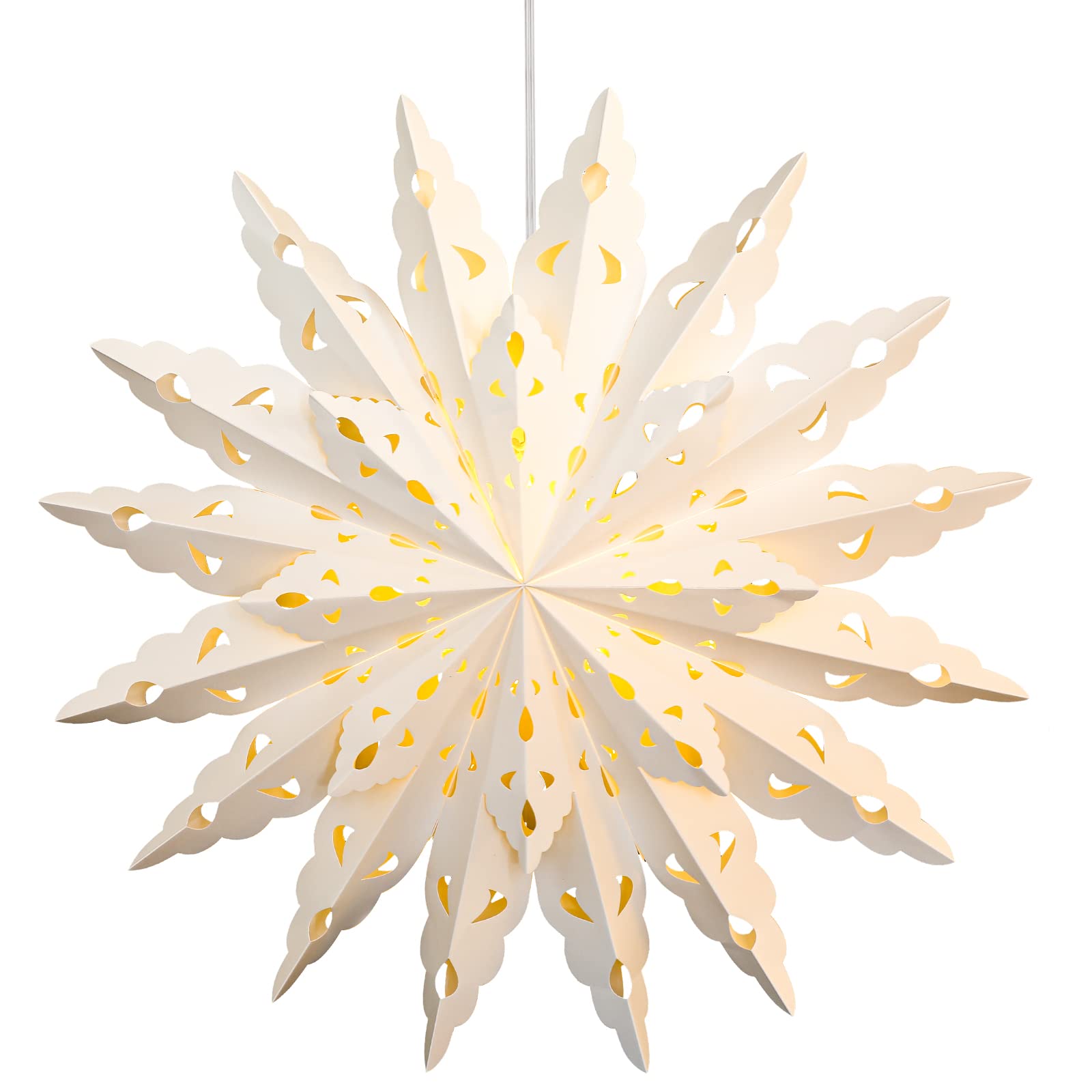 23.6 Inch Christmas Star Snowflake Paper Lantern with Timer - Battery Operated Hanging Decor for Holiday Party, Wedding, Birthday, Christmas Tree - Classic Style Home Celebration Decoration