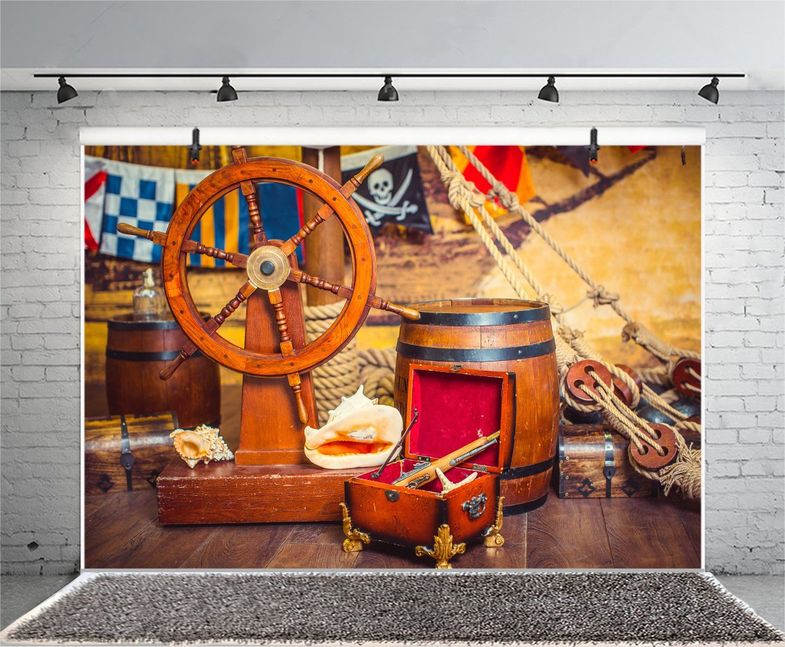 5x3ft Pirate Theme Vinyl Photo Backdrop - Marine Corsair Treasure Hunt with Helm, Chest & Conches for Boys Birthday Party, Portrait Photography & Wall Decoration | Perfect for Pirate-Themed Events, Kids Room Decor & Adventure Photo Shoots