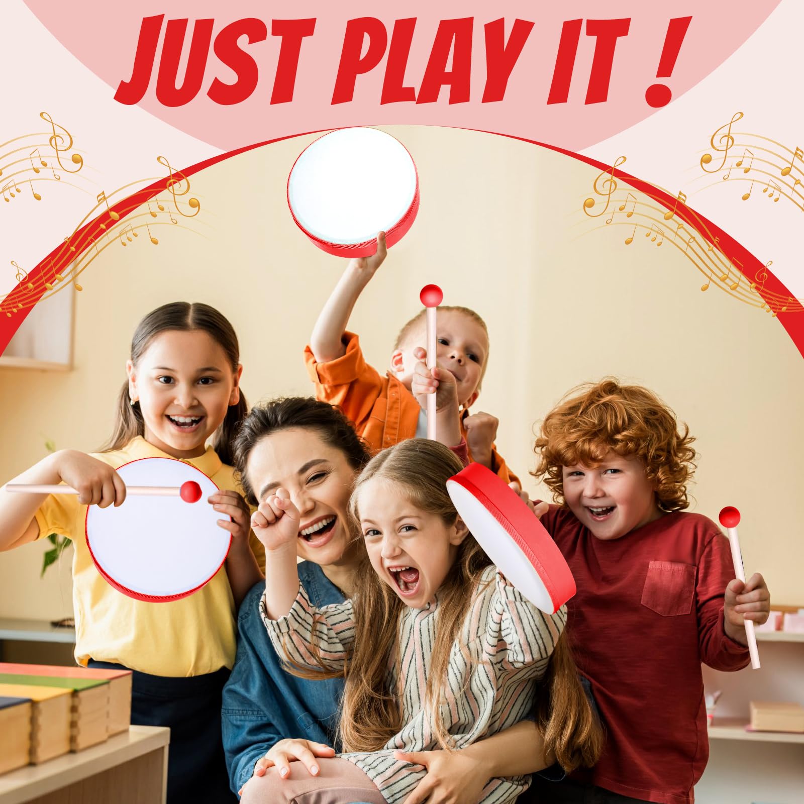 4-Piece Wooden Hand Drum Set for Kids & Adults - 12, 10, 8 & 6 Inch Frame Drums with Sticks - Percussion Musical Instruments for Beginners, Schools, Home Parties & Classroom Activities (Red) - Perfect for Music Education, Family Gatherings & Cultural Events