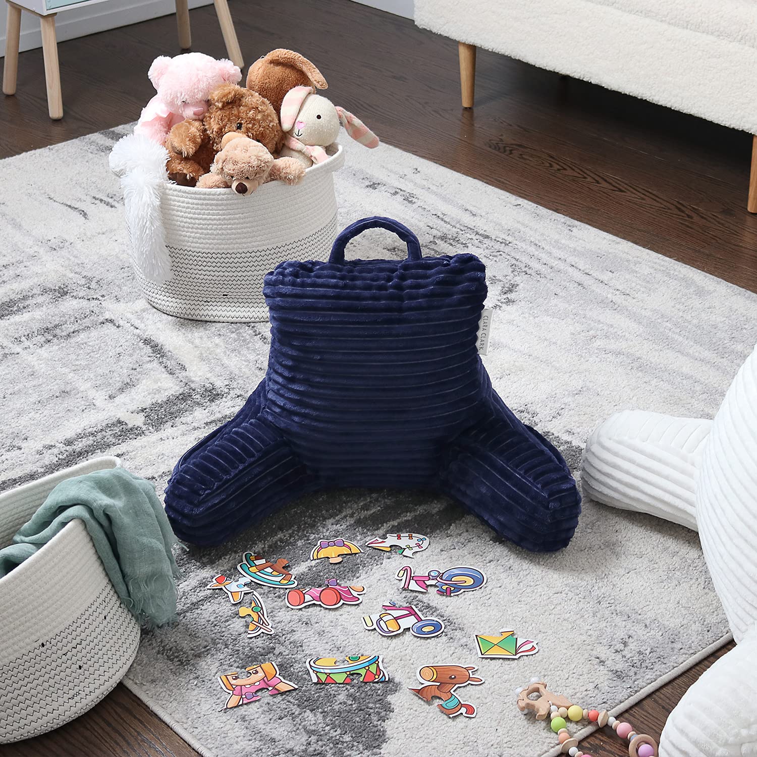 Clara Clark Kids Reading Pillow with Arms & Pockets - Soft Plush Back Support Pillow for Sitting Up in Bed, Shredded Foam Bed Chair - Perfect for Reading, Watching TV, or Gaming (Navy Blue)