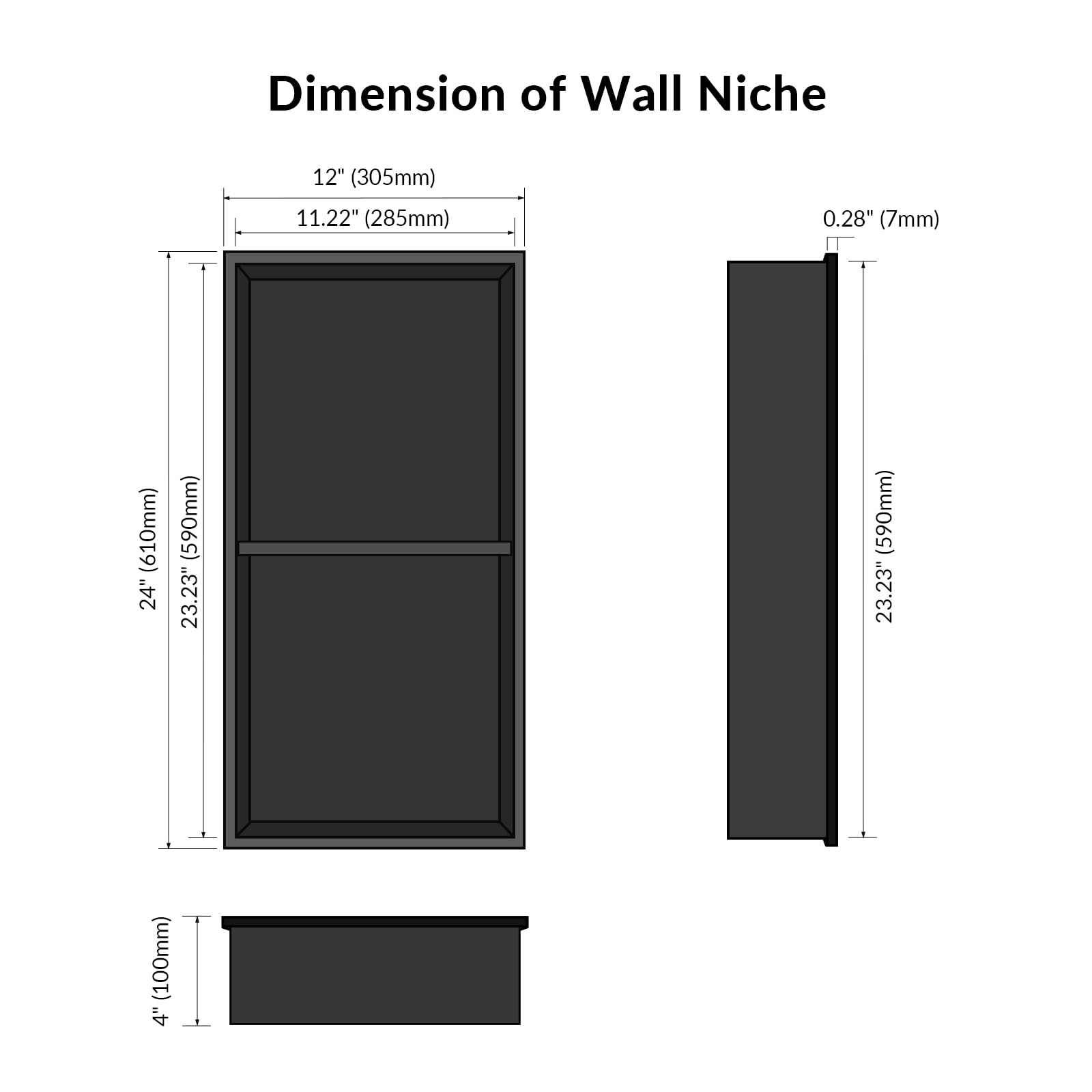 Stainless Steel Shower Niche 12x24 Inch - Recessed Bathroom Storage Shelf, No Tiling Required - Matte Black Finish for Modern Showers & Bathrooms - Perfect for Organizing Toiletries, Shampoo & Bath Essentials