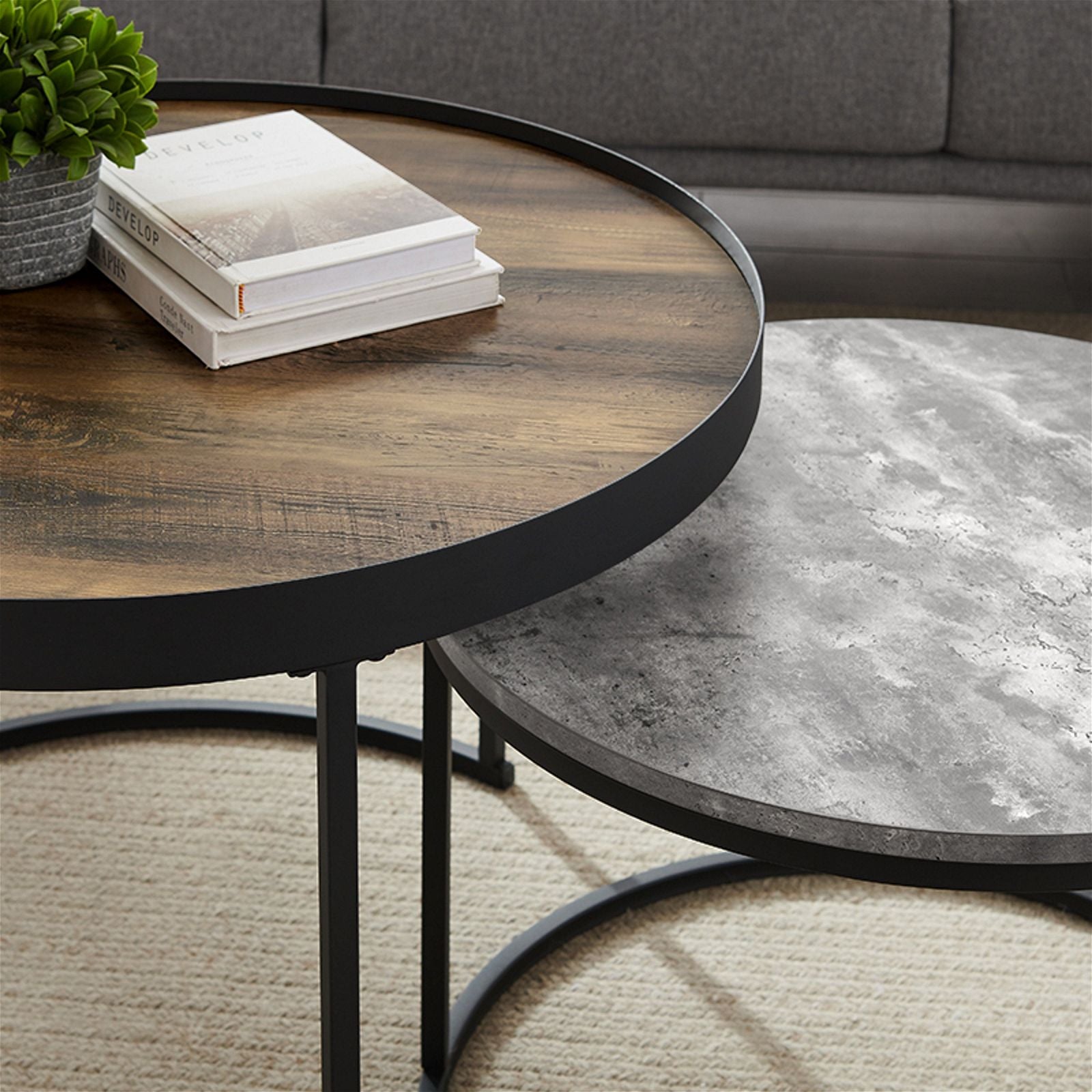 Modern Nested Coffee Table Set - Walnut Wood & Cement Design by Urban Style - Perfect for Living Room, Lounge, and Office Decor