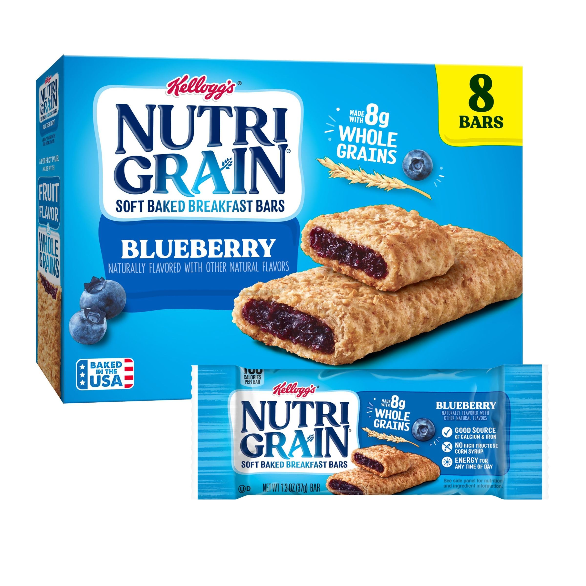 Nutri-Grain Soft Baked Breakfast Bars - Whole Grain Blueberry Snacks for Kids - 10.4oz Box (8 Bars) - Perfect for School Lunches & On-the-Go Snacking