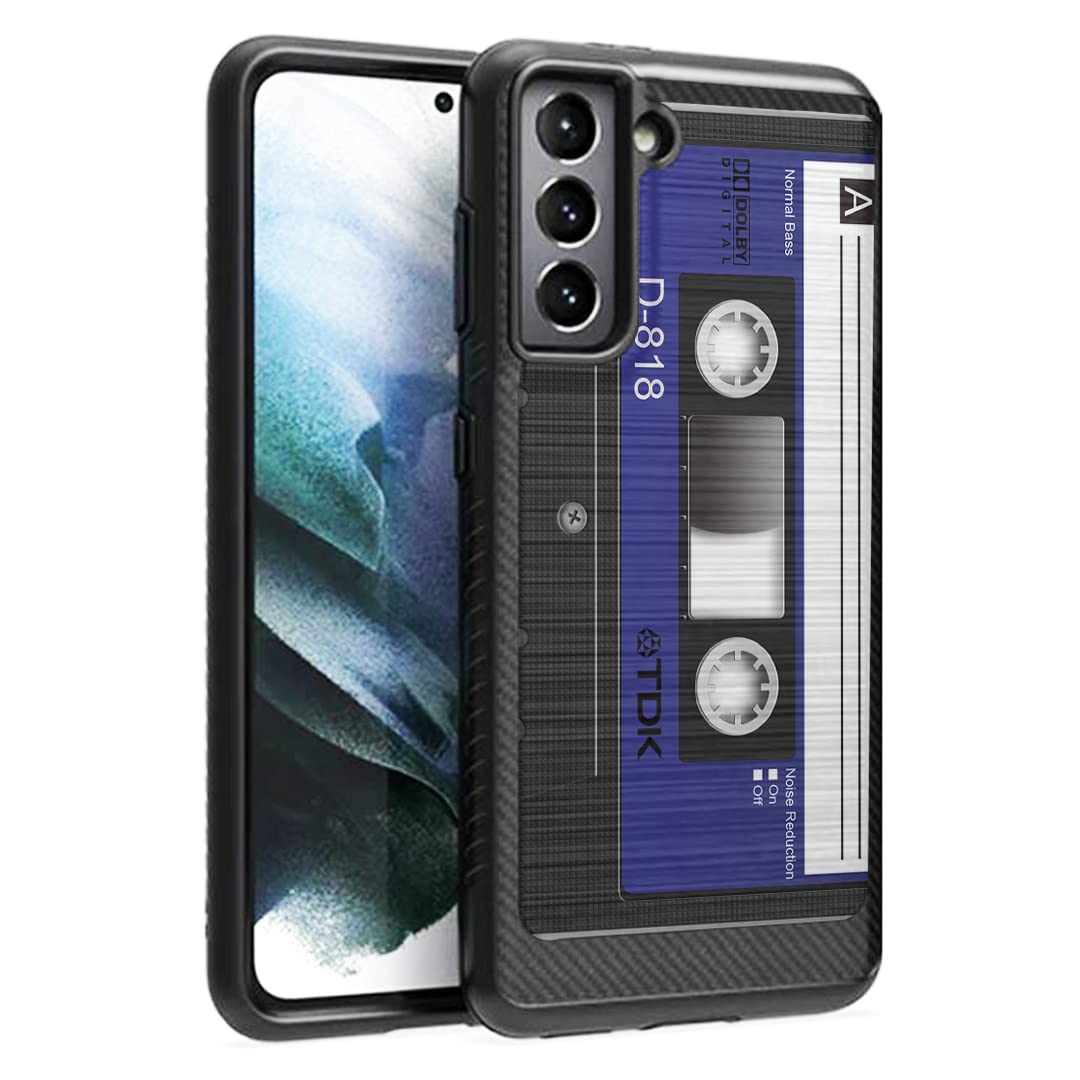 Premium Shockproof Samsung Galaxy S21 Plus Case - Brushed Carbon Fiber Texture, Cute Blue Cassette Tape Design - Durable Phone Cover for Men & Women - Compatible with Galaxy S21+ 5G 6.7 Inch | Perfect for Daily Use, Travel & Outdoor Activities