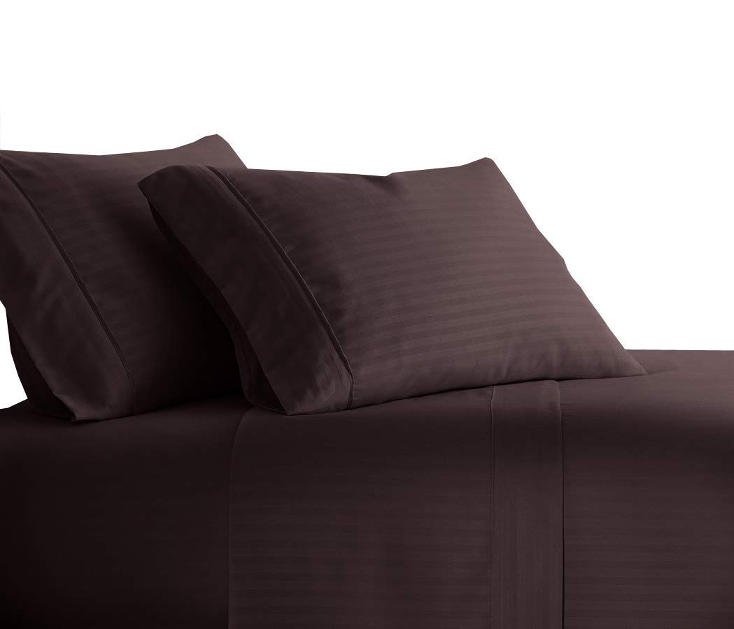 Royal Tradition 300 Thread Count 100% Cotton 4-Piece California King Sheet Set - Striped Deep Pocket Bedding for Comfortable Sleep, Chocolate Brown - Perfect for Master Bedroom, Guest Room & Luxury Hotels