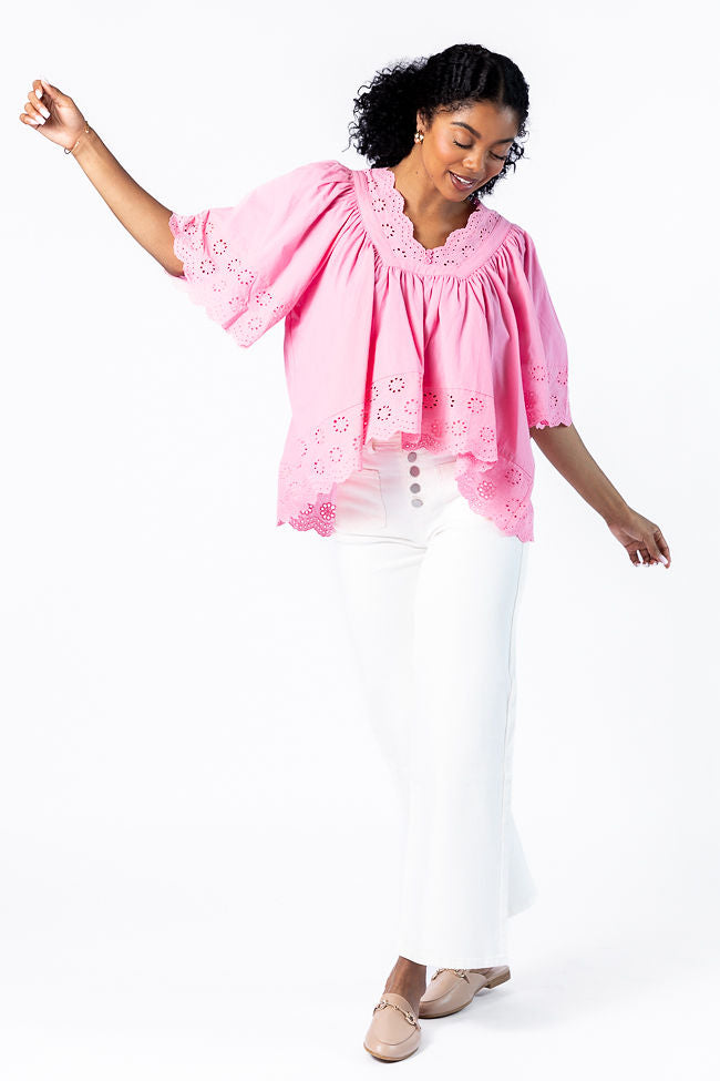 Stylish Pink Eyelet Detail Popover Short Sleeve Blouse for Women - Perfect for Summer Outfits, Office Wear & Casual Dates