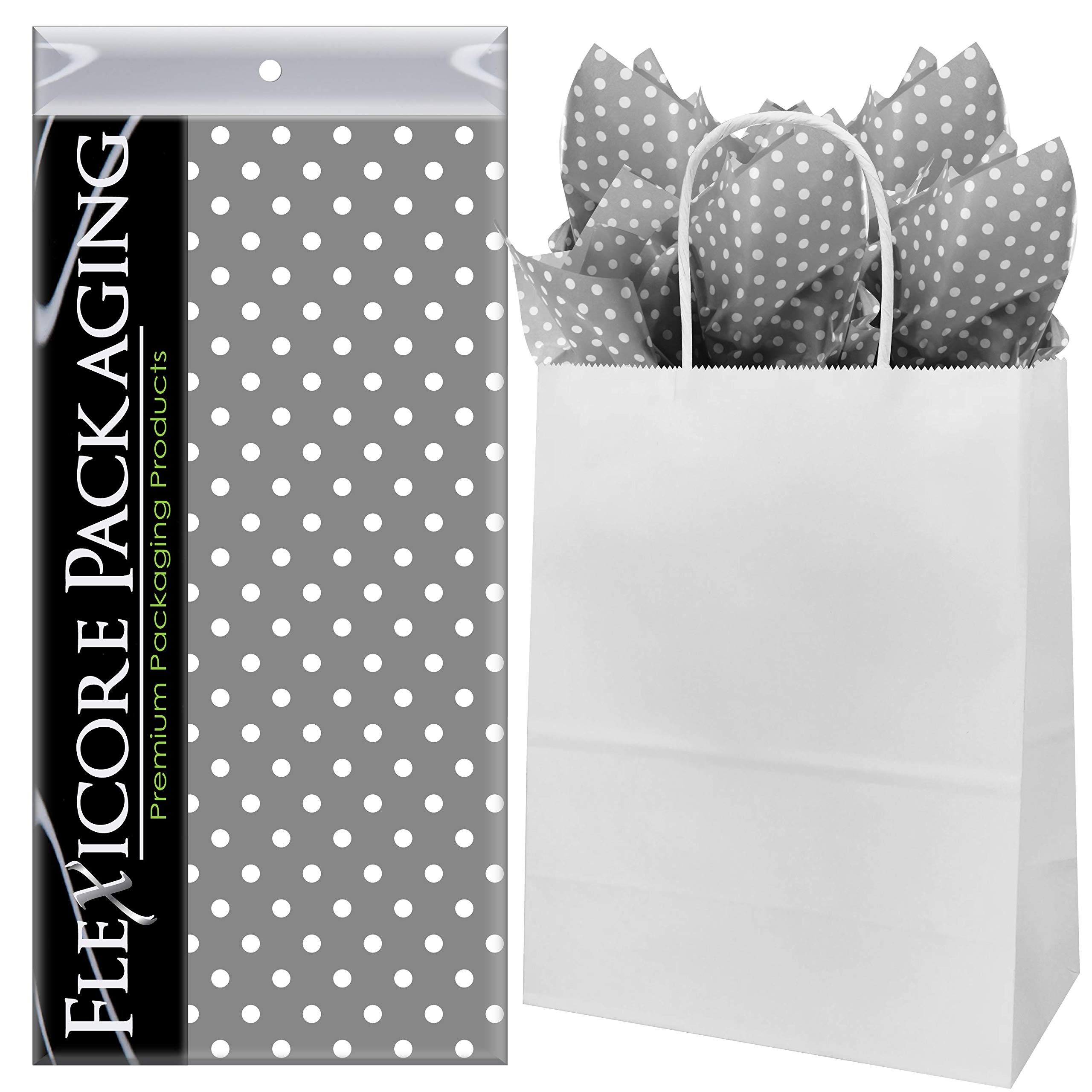 Premium White Kraft Paper Gift Bags with Gray Polka Dot Tissue Wrap - 8
