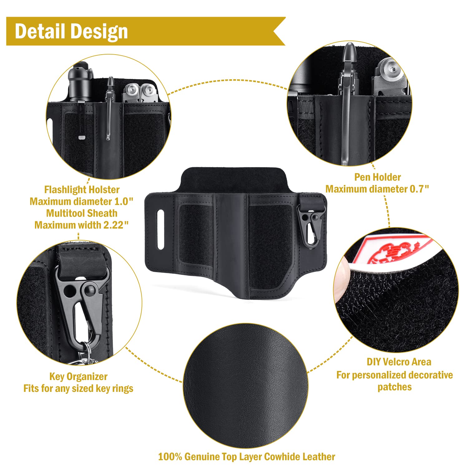 VIPERADE PL3 Leather Multitool Sheath with DIY Patch Area - EDC Pocket Organizer for Men, Belt Organizer with Flashlight & Pen Holder - Perfect for Camping, Hiking & Everyday Carry (Black)