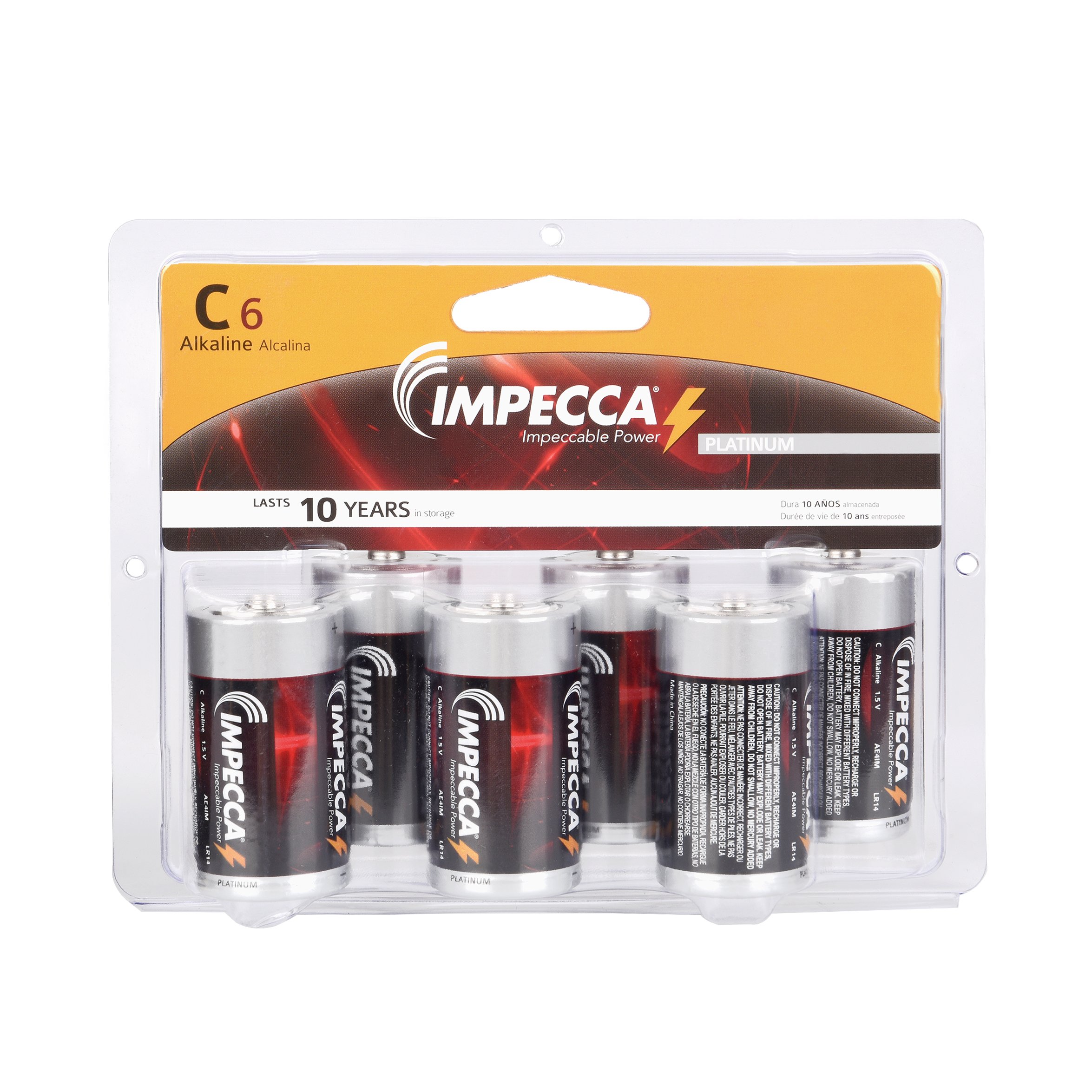 IMPECCA C Batteries 6 Pack - High Performance Alkaline Size C Batteries with Long Lasting Shelf Life & Leak Proof Design (LR14 6 Count Platinum Series) - Perfect for Flashlights, Toys, Radios & Emergency Kits