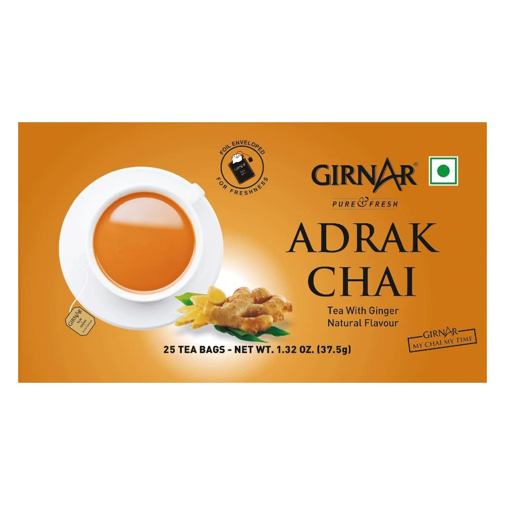 Girnar Adrak Ginger Tea Bags - 25 Count | Natural Herbal Tea for Digestion & Immunity | Perfect for Morning Boost & Cold Relief