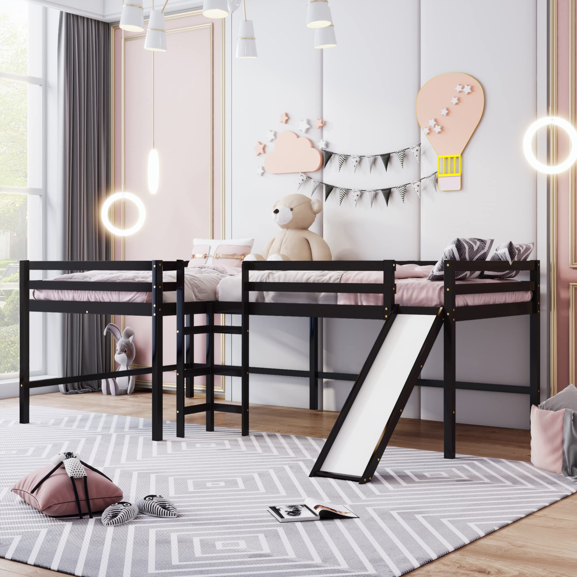 Kids L-Shaped Loft Bed with Slide - Low Profile Wooden Bunk Bed Frame for Girls, Boys & Teens - Space-Saving Corner Loft Bed in Espresso Finish | Perfect for Small Bedrooms, Playrooms & Dorm Rooms
