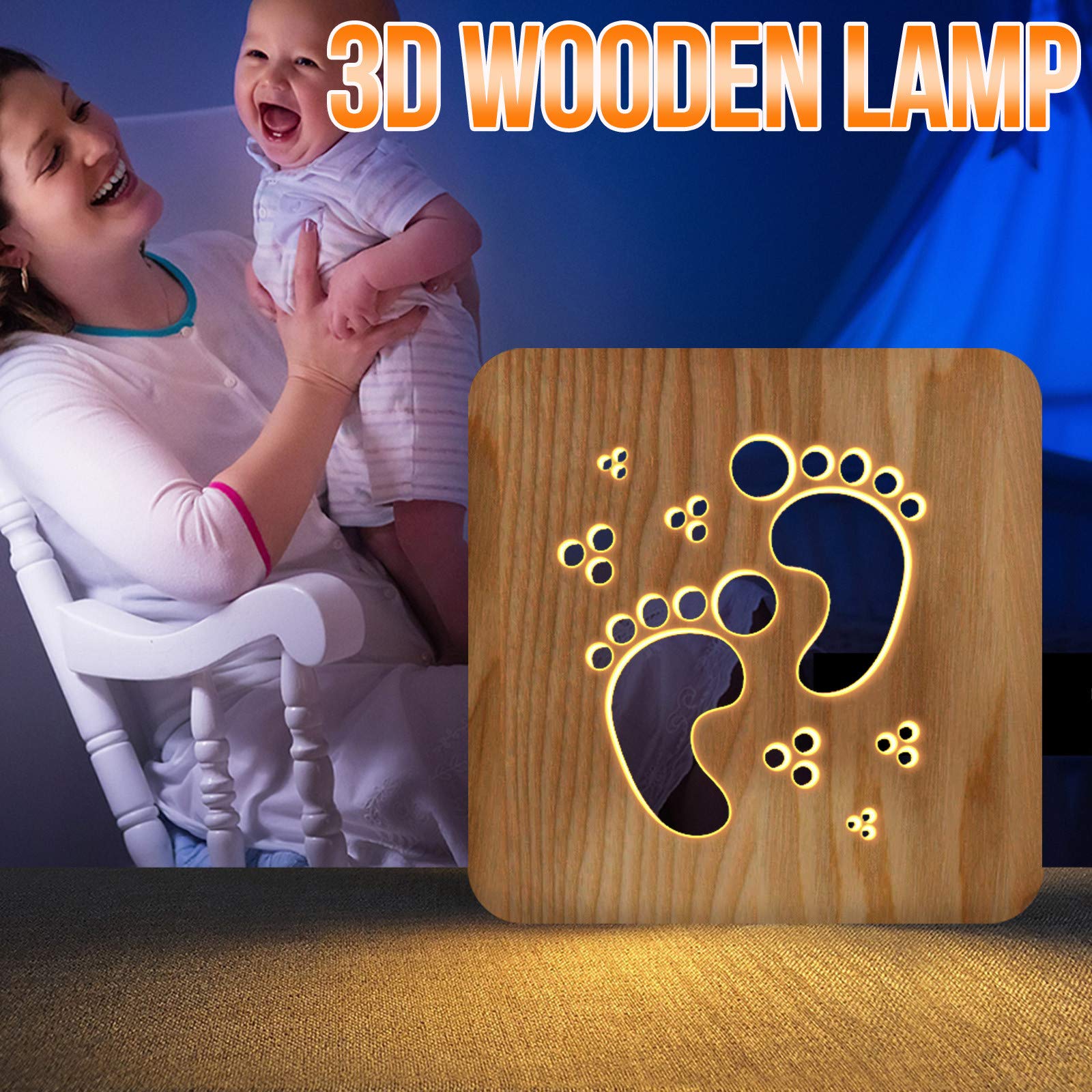 Celendi Wooden USB LED Night Light with Feet Charge Imprint - 3D Bedroom Lamp for Kids & Adults, Perfect for Bedside, Nursery, and Home Decor