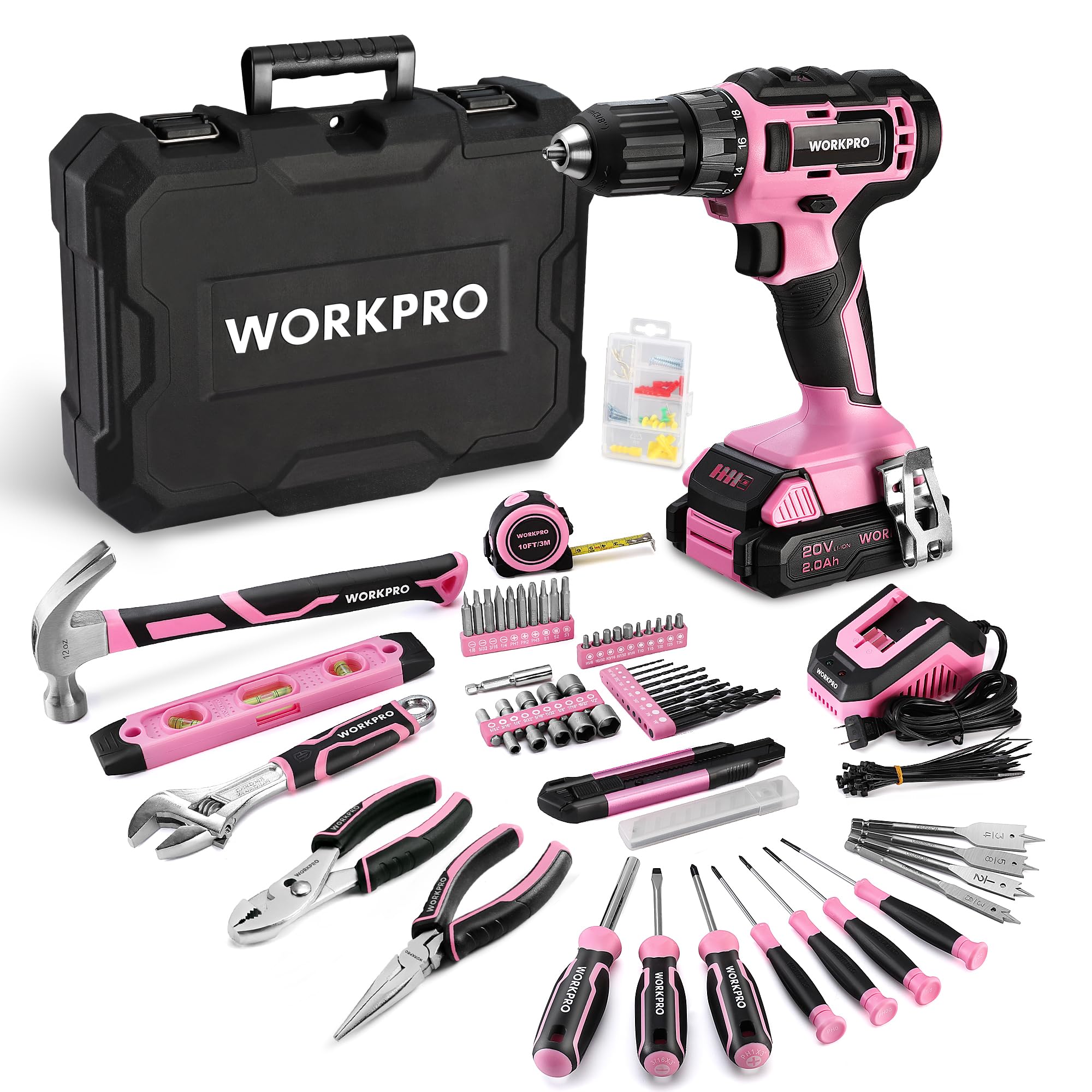 WORKPRO 20V Pink Cordless Drill Driver Kit with 141-Piece Hand Tool Set, 2.0Ah Li-ion Battery & Fast Charger - Perfect for DIY Projects, Home Repairs & Construction Work - Includes Durable Tool Box (Pink Ribbon Edition)