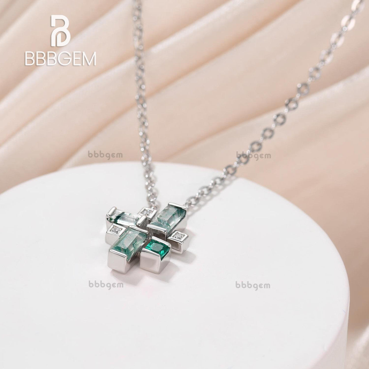 Art Deco Geometric Tetris Pendant - 14K White Gold with Baguette Moss Agate & Diamonds | Vintage Hipster Jewelry for Women | Perfect Gift for Birthday, Anniversary & Special Occasions