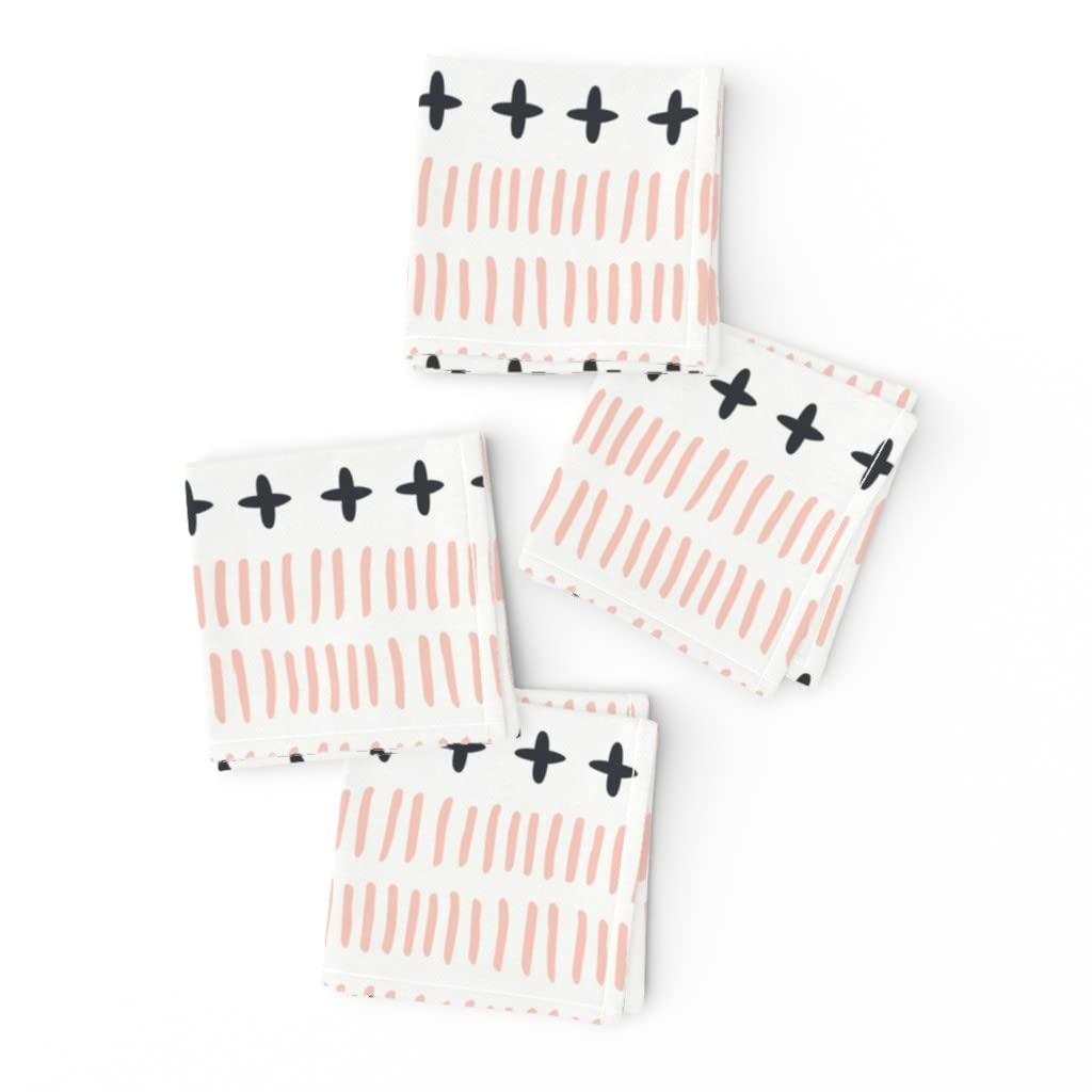 Spoonflower Linen Cotton Canvas Cocktail Napkins Set of 4 - Modern Farmhouse Pink Gray Boho Moroccan Geometric Striped Print | Perfect for Dinner Parties, Weddings & Home Decor