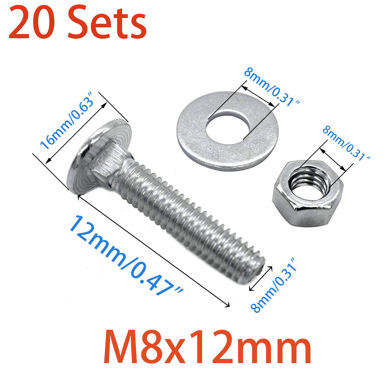 M8-1.25x12mm Zinc-Plated Carriage Bolts - 20 Sets for Furniture & Construction