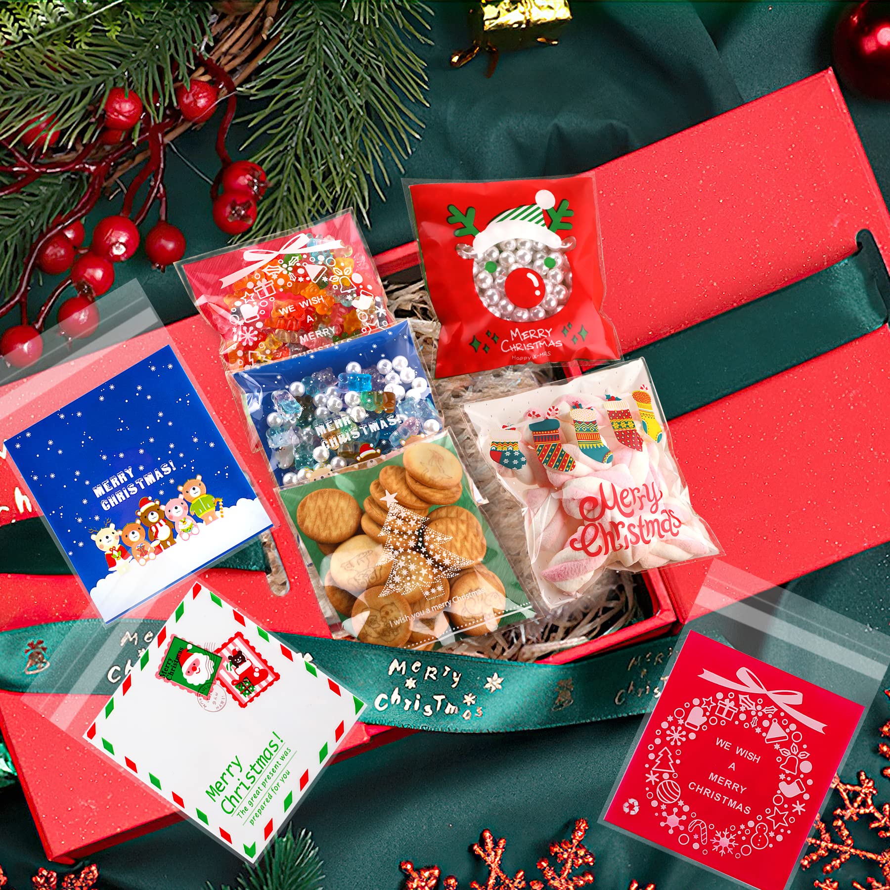 FEBSNOW 450 PCS Christmas Candy Bags - Self-Adhesive Cellophane Treat Bags for Cookies, Candies & Party Favors - Holiday Gift Wrapping & Decoration Supplies (9 Festive Patterns) - Perfect for Christmas Parties, Gift Exchanges & Cookie Packaging