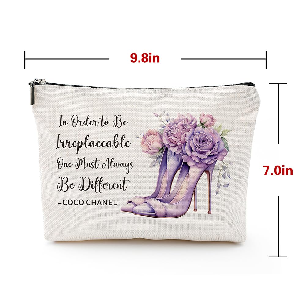 Coco Chanel Quotes Makeup Bag for Women - Waterproof Linen Cosmetic Pouch, Travel Toiletry Bag with Inspirational Quote 'To Be Irreplaceable, One Must Always Be Different' - Perfect for Travel, Gym, and Daily Beauty Essentials