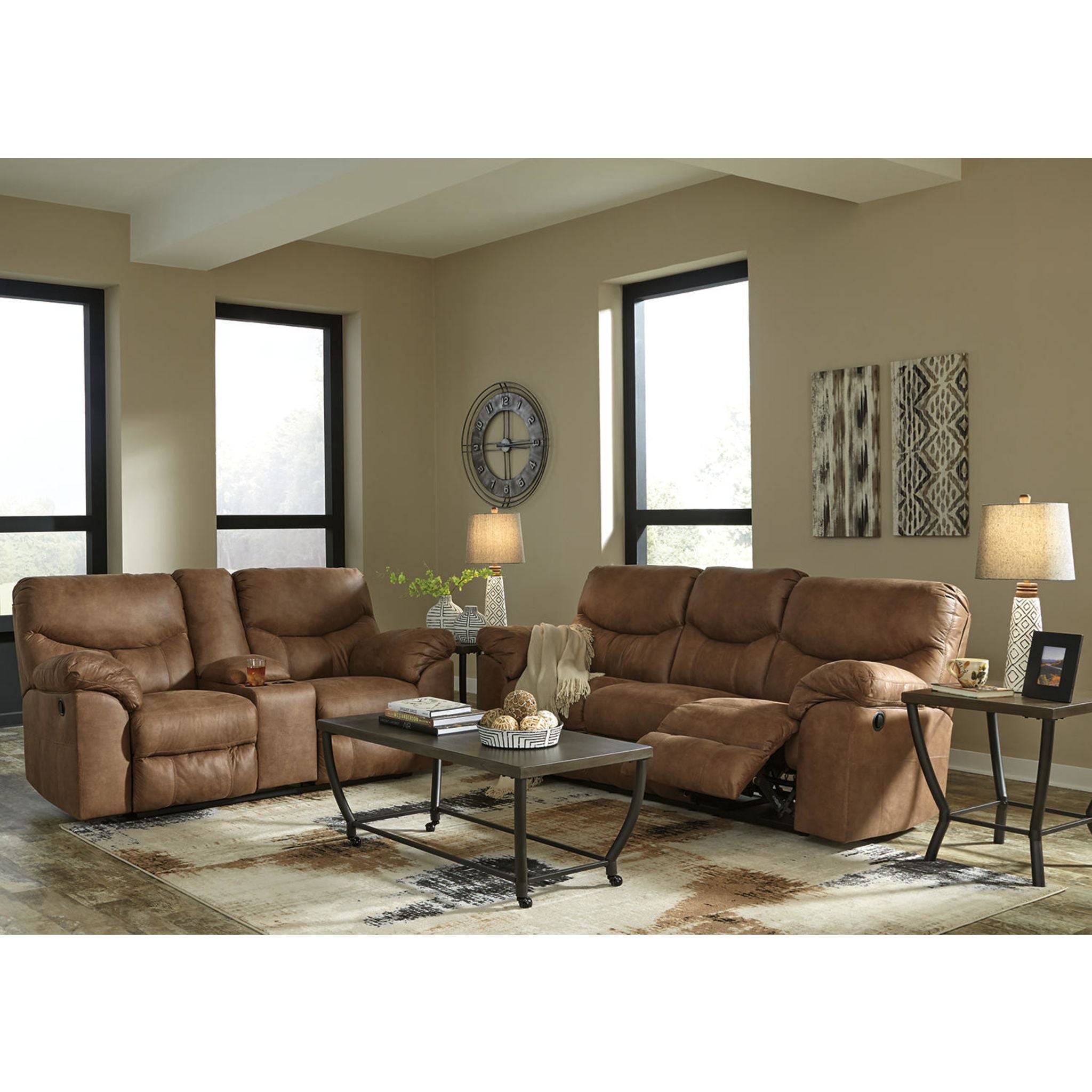 Boxberg Reclining Loveseat with Console in Bark Brown - Modern Reclining Sofa for Living Room, Home Theater & Small Spaces - Comfortable Two-Seater with Cup Holders and USB Ports