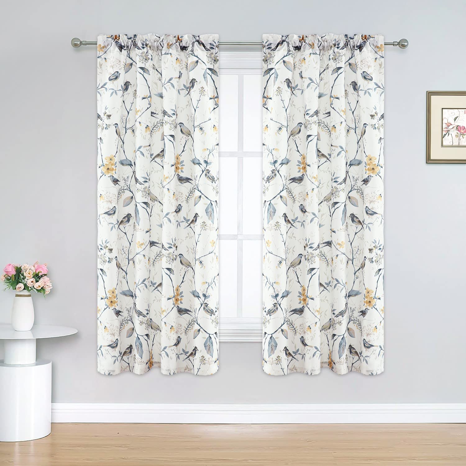 Blackout Thermal Insulated Rod Pocket Curtains - 42x63 Inch Gray Birds & Flowers Printed Window Treatments for Living Room, Bedroom & Kids Room - 2 Panels, Energy Saving & Noise Reducing for Better Sleep & Privacy