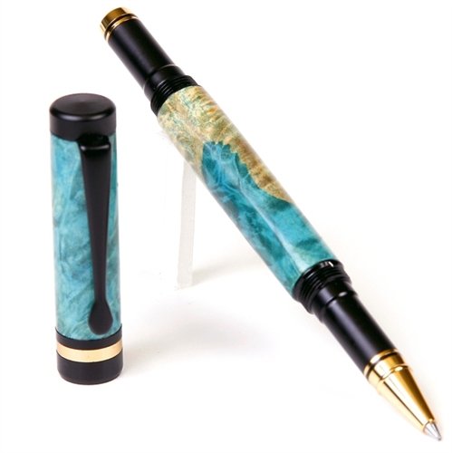 Premium Lanier Classic Rollerball Pen - Black Enamel Finish with Turquoise Box Elder Wood - Elegant Writing Instrument for Office, Gifts & Professional Use