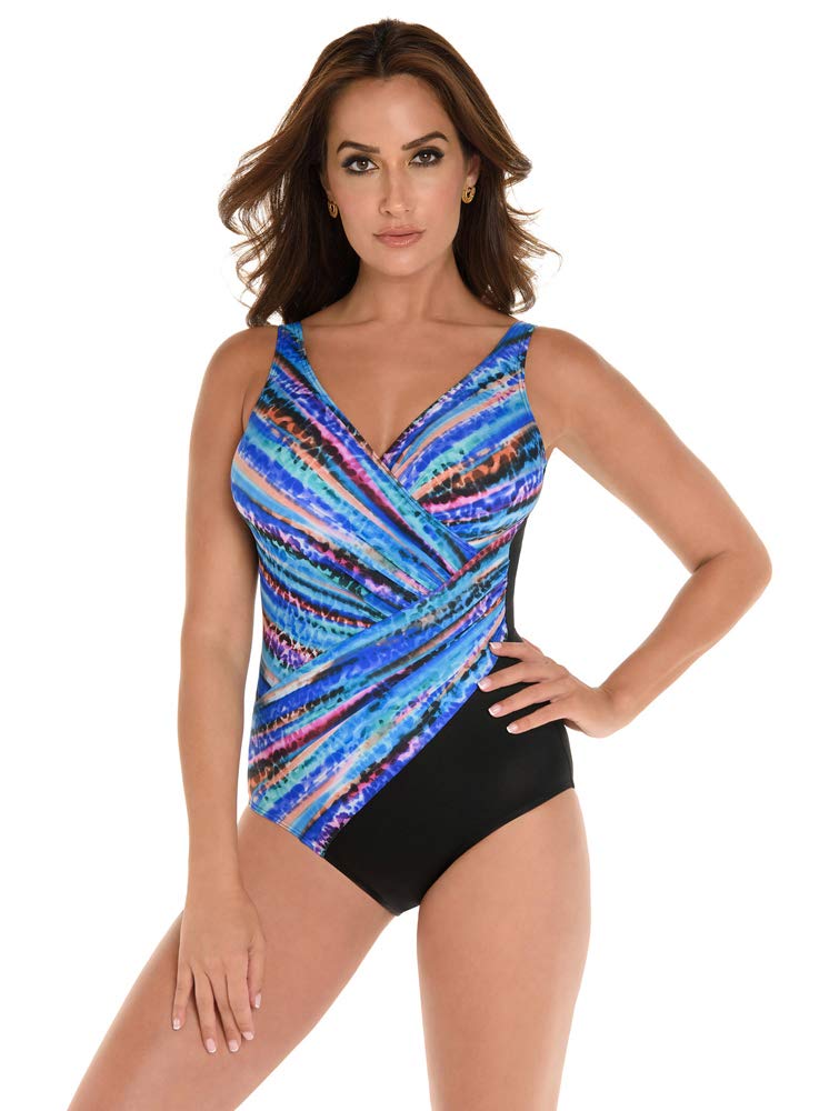 Miraclesuit Women's Adjustable V-Neck One Piece Swimsuit with Soft Cup Bra - Animal Print Bathing Suit for Beach & Pool - Size 14