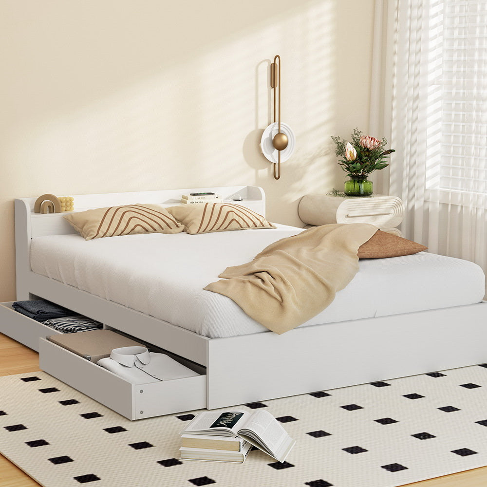 Aura Queen Bed Frame with 2 Storage Drawers & Bonita Pillow Top Mattress - Medium Firm Support - White Finish - Space Saving Bedroom Solution for Small Apartments and Guest Rooms