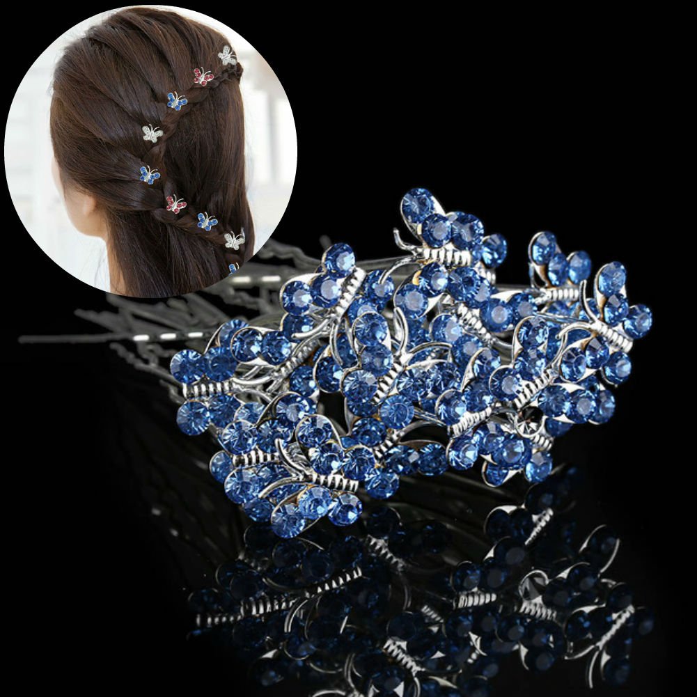 AKOAK 20-Piece Set Blue Crystal Rhinestone Butterfly Hair Clips - Wedding Bridal Hair Accessories for Women, Barrettes & Headwear Jewelry - Perfect for Bridal Showers, Prom & Special Occasions