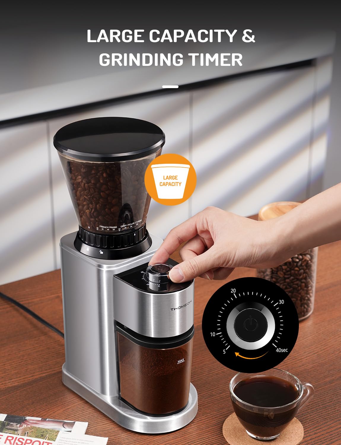Premium Electric Conical Burr Coffee Grinder - 48 Precise Grind Settings for Espresso, Drip, Pour Over, Cold Brew & French Press - Anti-Static Stainless Steel Design - Perfect for Home Baristas & Coffee Enthusiasts - Ideal for Morning Brews, Entertaining Guests & Specialty Coffee Preparation