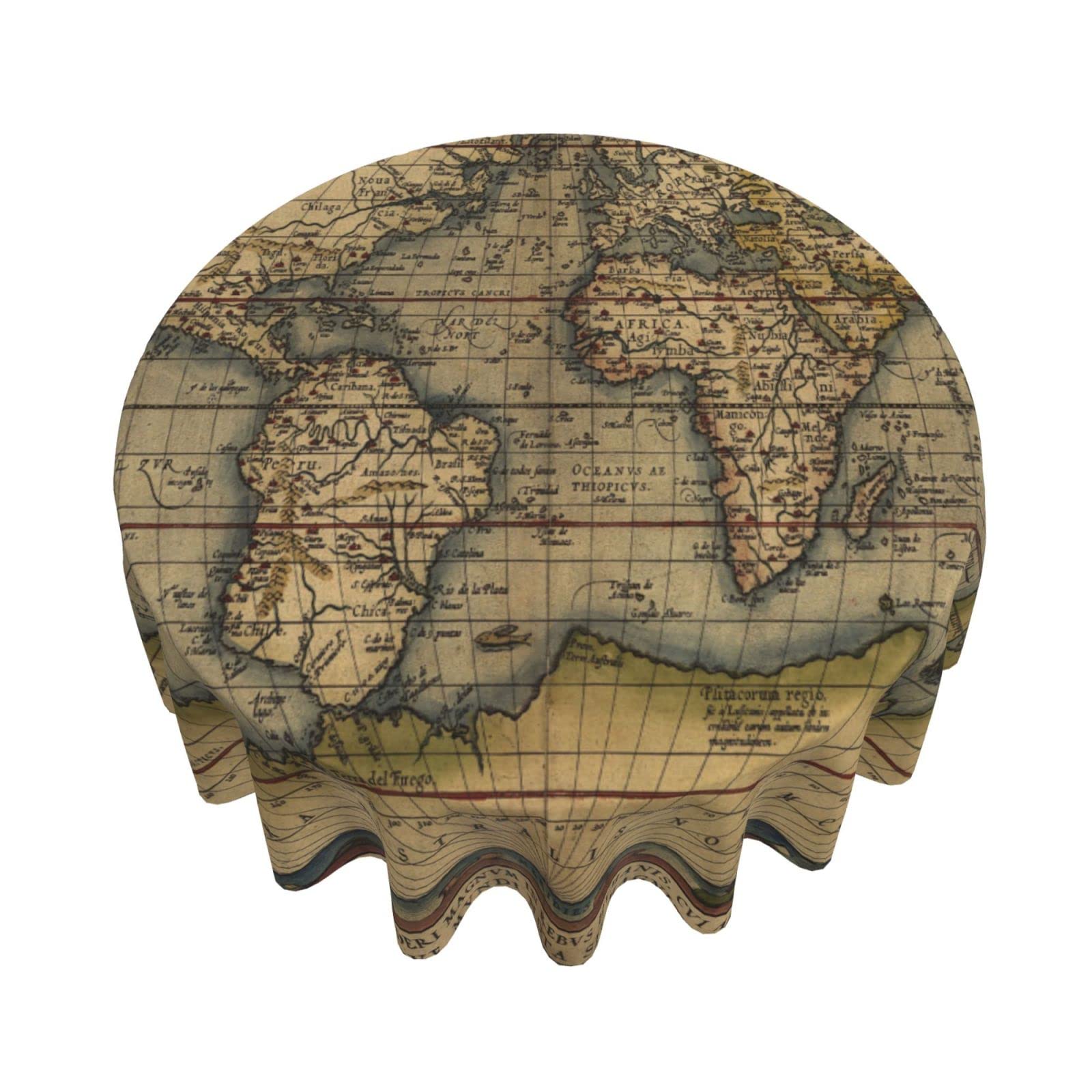 Vintage Ortelius World Map Round Tablecloth - 60 Inch Antique Cartography Design Circa 1570 for Dining Room, Picnic, Party | Indoor & Outdoor Decor | Perfect for Historical Theme Events and Home Decor