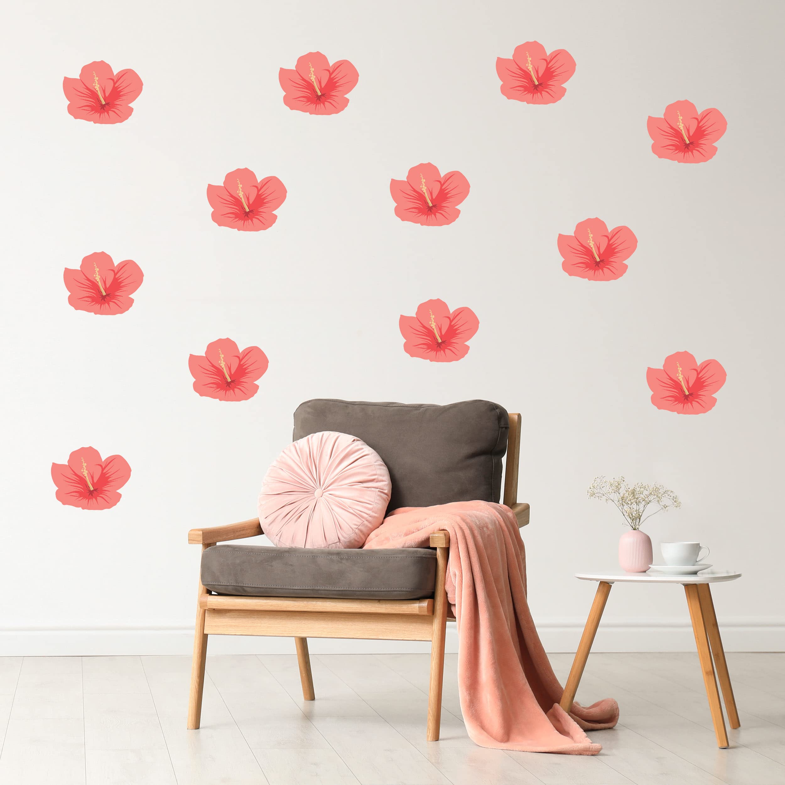 Hibiscus Flower Wall Decals - Set of 12 Pink Tropical Removable Peel and Stick Wall Stickers for Home Decor | Perfect for Nursery, Bedroom, Bathroom & Living Room | Easy DIY Indoor Wall Art