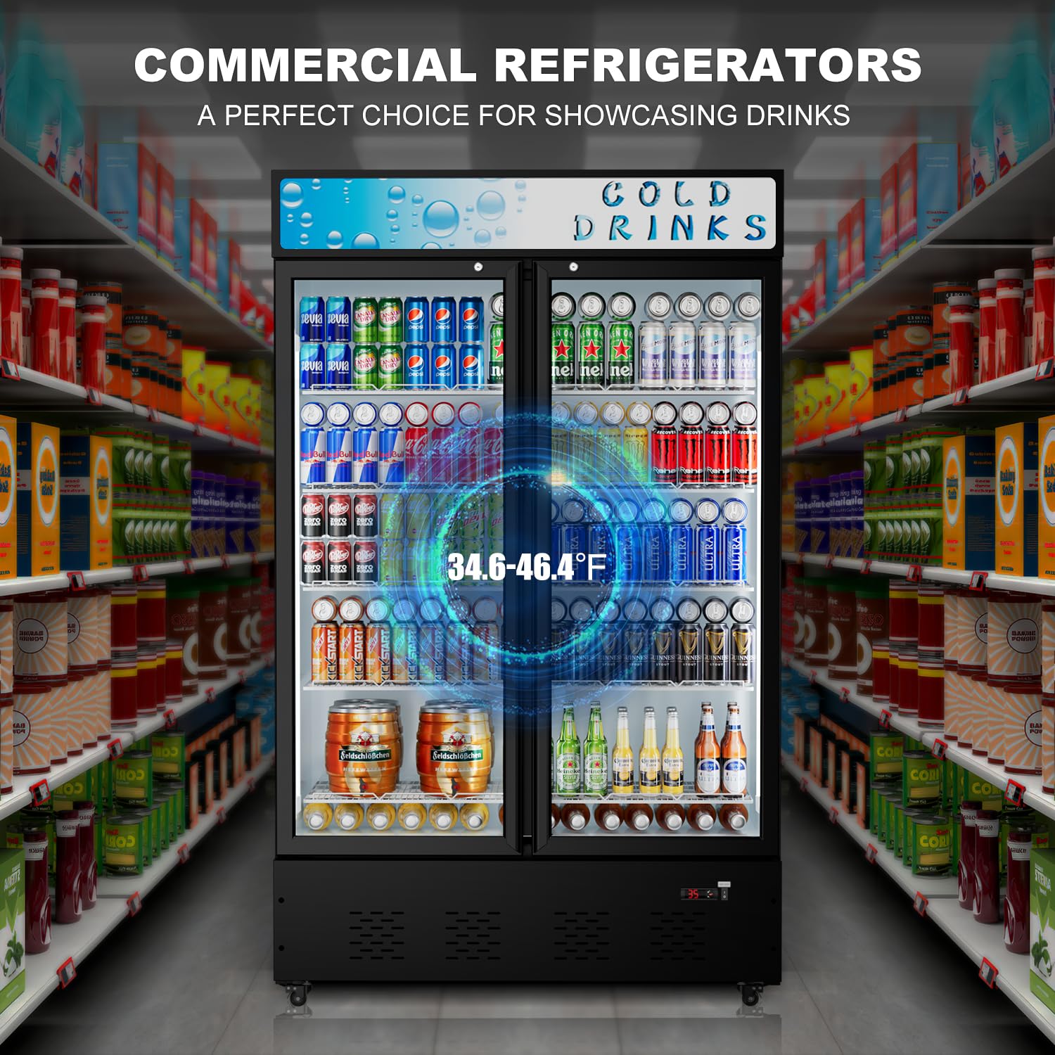 40 Cu.ft. Commercial Beverage Refrigerator with Glass Door, LED Lighting & Adjustable Shelves - Upright Display Cooler for Restaurants, Grocery Stores, Bars, and Home Use - Perfect for Storing Drinks, Snacks, and Perishable Items