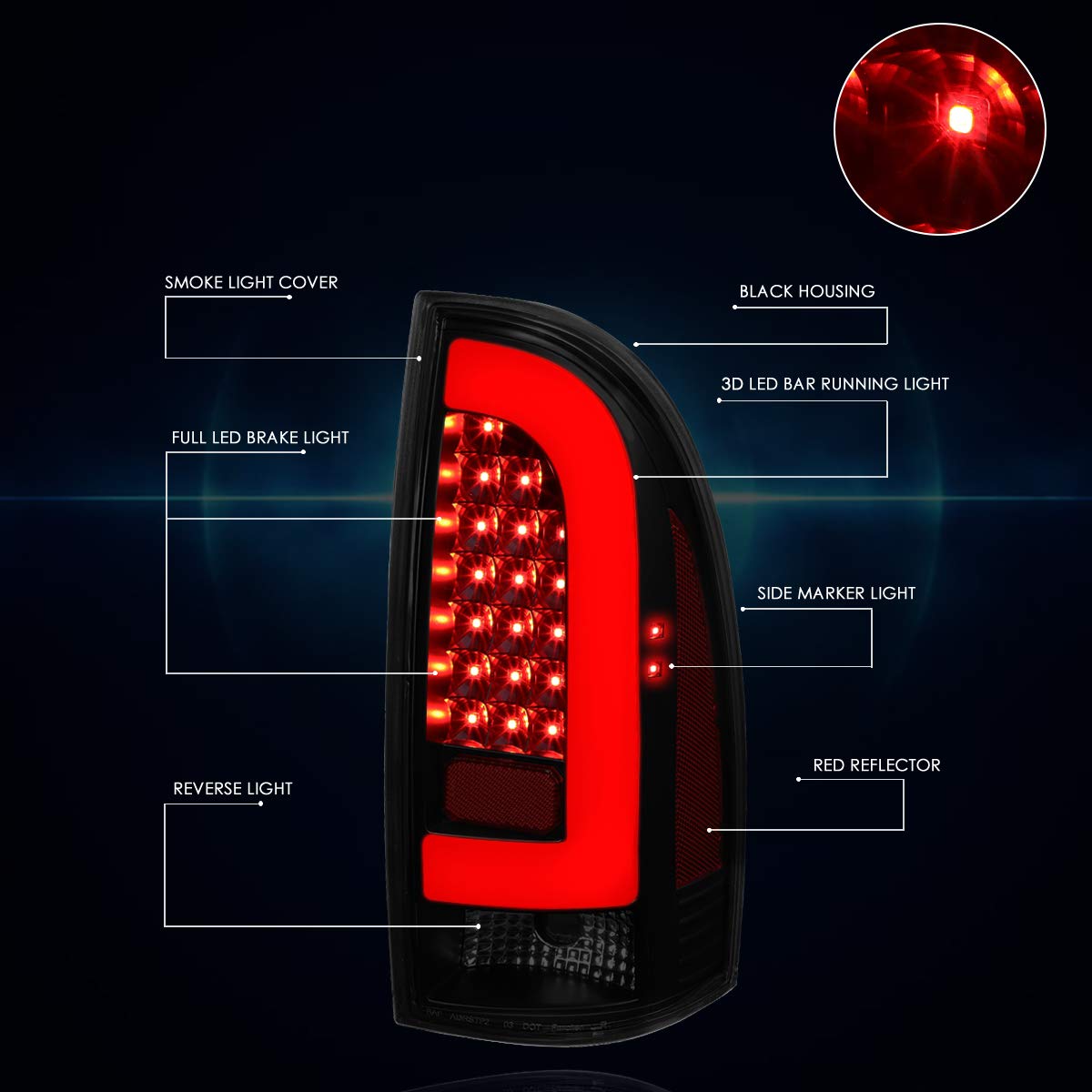PM PERFORMOTOR 3D LED Tube Bar Tail Lights Brake Lamps Assembly - Compatible with Toyota Tacoma 2005-2015, Black Housing/Smoked Lens - Upgrade Your Truck's Style & Safety for Night Driving & Off-Road Adventures