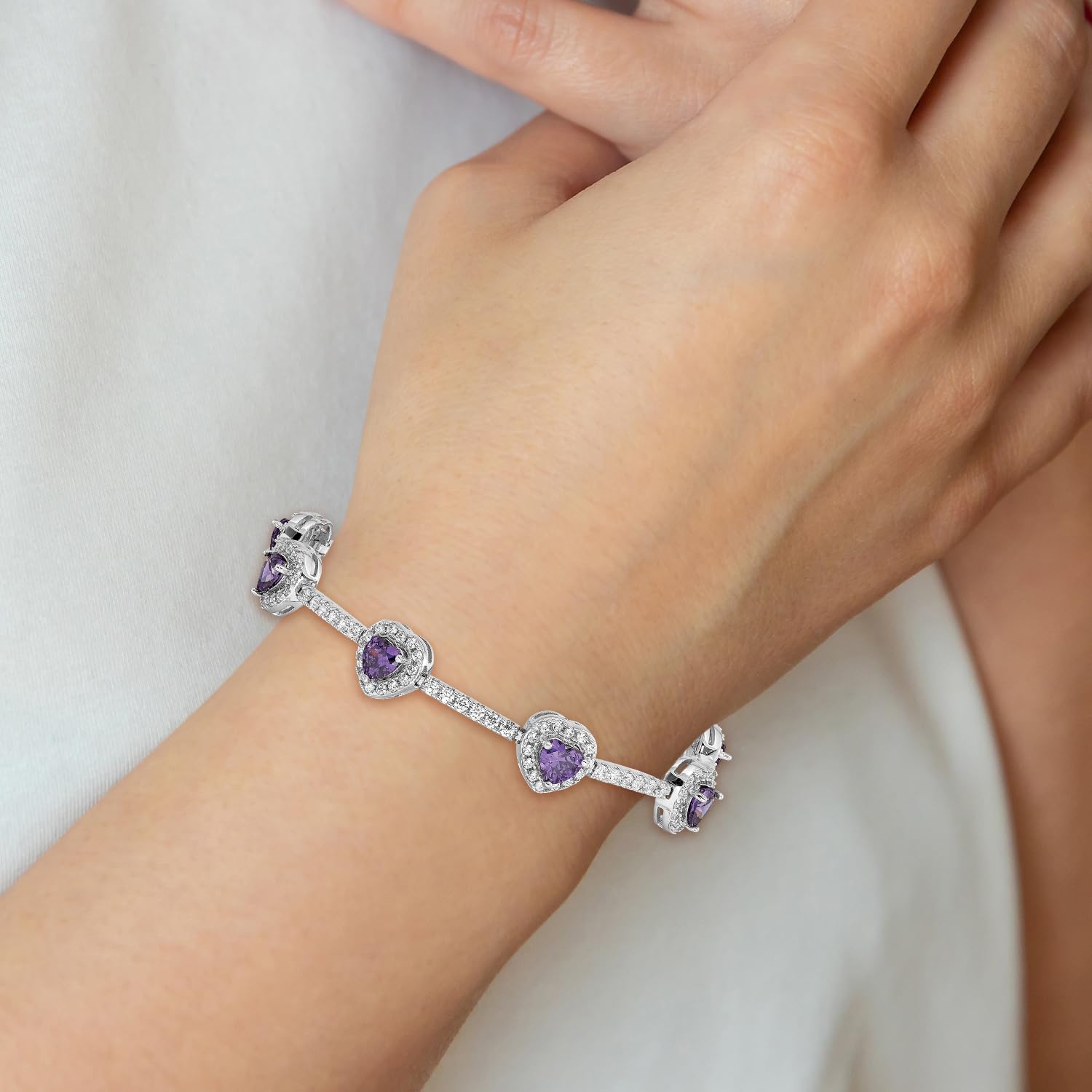 925 Sterling Silver Heart Charm Bracelet with Purple Amethyst & Cubic Zirconia - Dainty Love Tennis Chain Jewelry for Women - Perfect Gift for Valentine's Day, Anniversary & Special Occasions