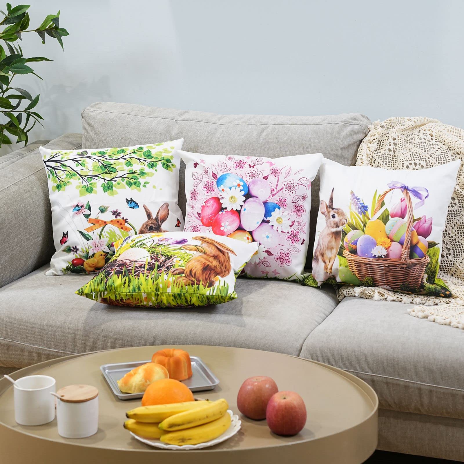 Easter Pillow Covers 20x20 Inch - Happy Easter Eggs, Tree, Bunny Rabbit & Spring Flowers Decorative Throw Pillow Cases for Sofa, Couch, Bed, Office, Car - Perfect for Easter Home Decor & Spring Season Celebrations