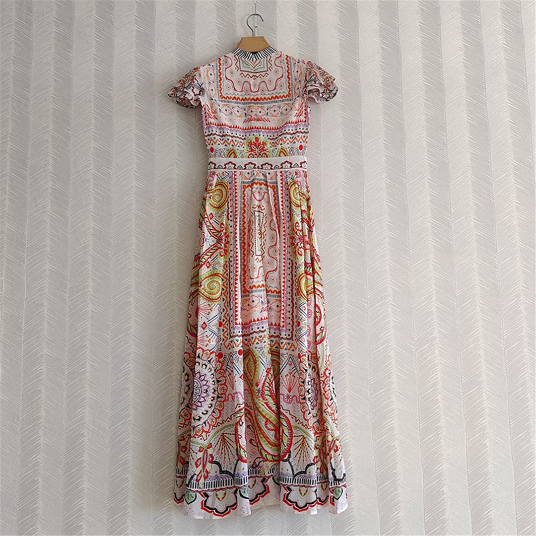 Elegant Women's Summer Party Dress with Stand Collar, Flare Sleeves, Floral Print & Crystal Beading - Perfect for Weddings, Cocktails & Special Occasions