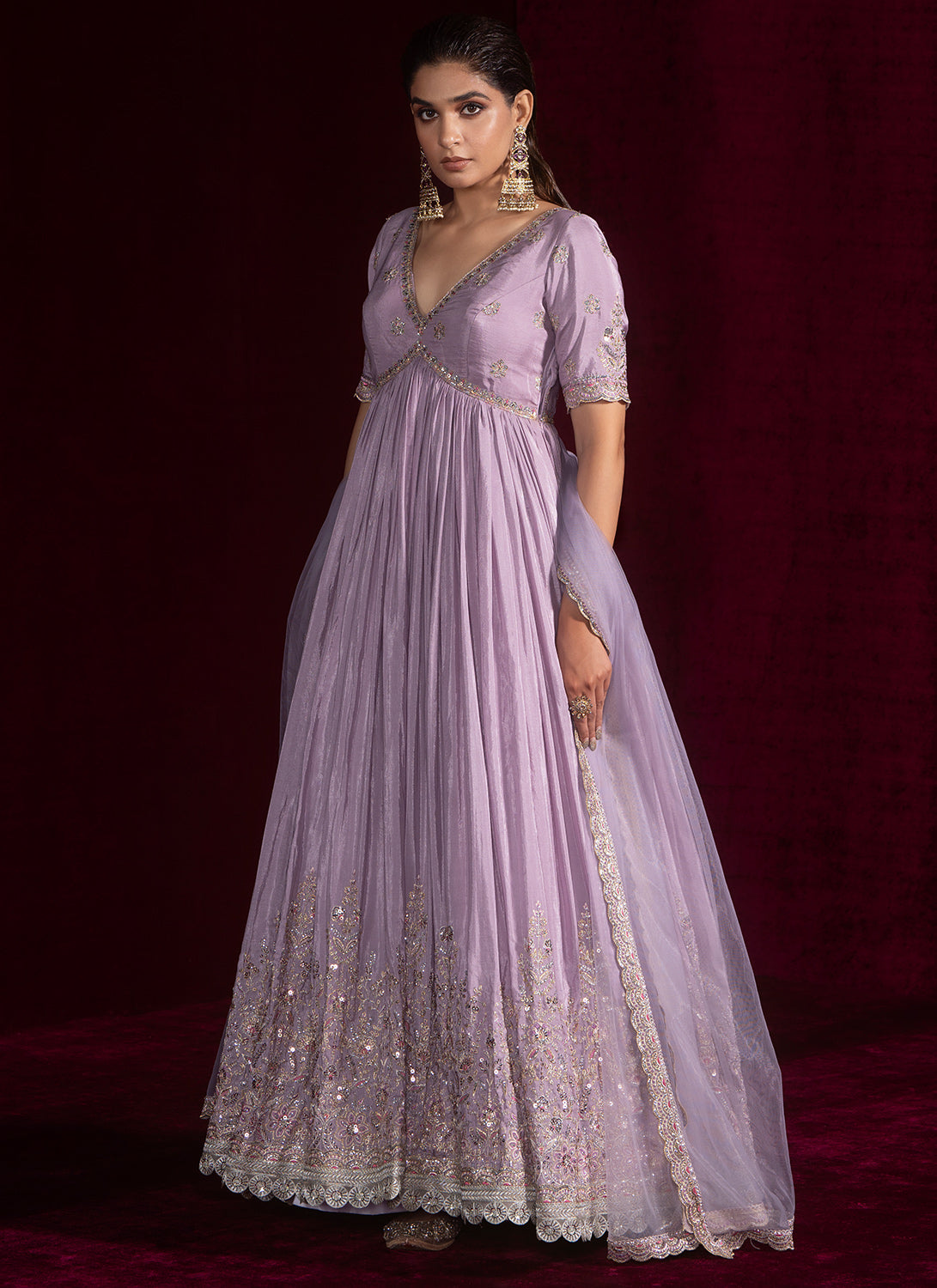 Lavender Embroidered Crepe Anarkali Dress - Elegant Indian Kurti for Women | Perfect for Festivals, Weddings & Special Occasions