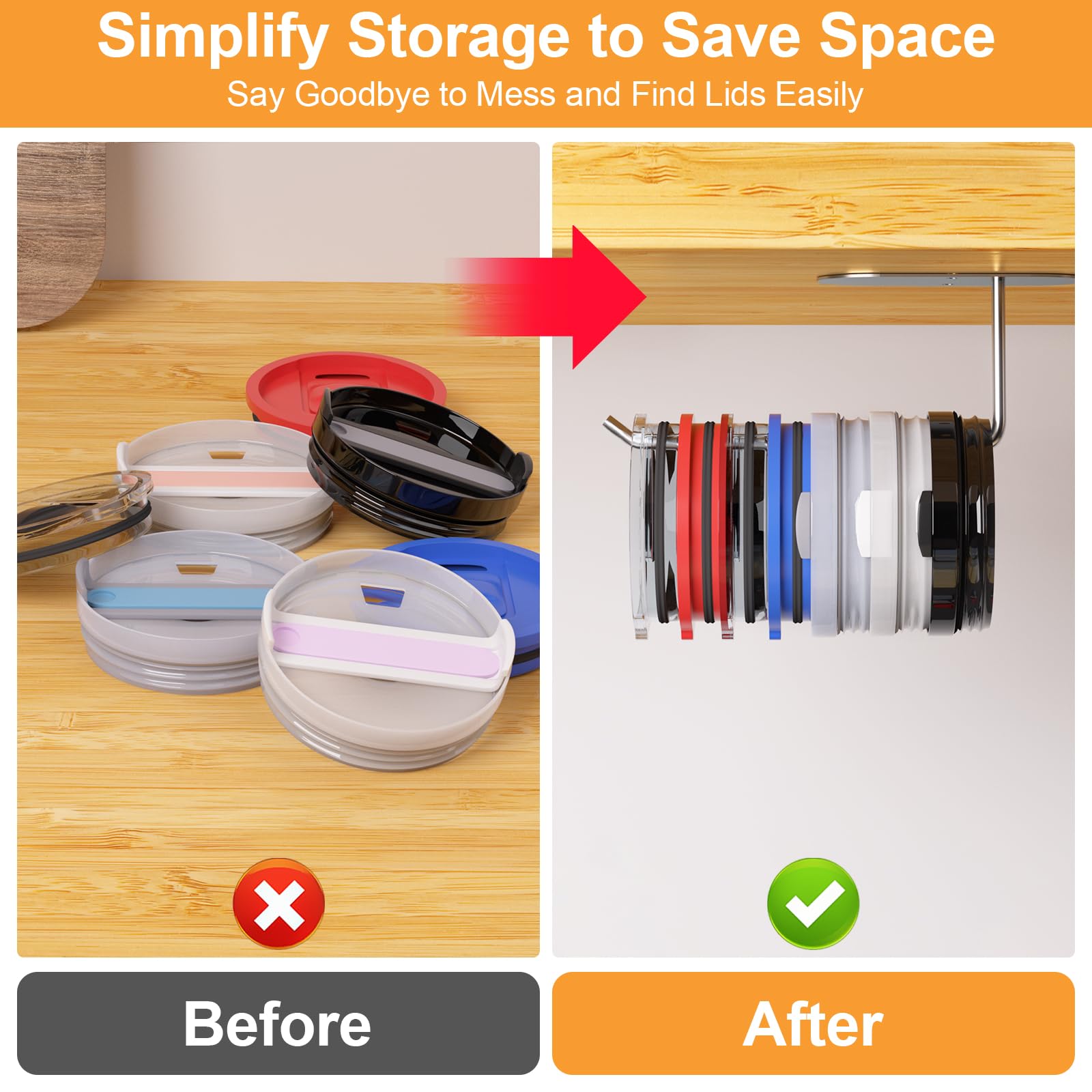 Space Saving Cup Lid Organizer Hook - Self-Adhesive or Drilling Tumbler Lid Storage for Yeti, Stanley & Simple Modern Tumblers - Perfect for Kitchen Cabinet, RV & Office Organization