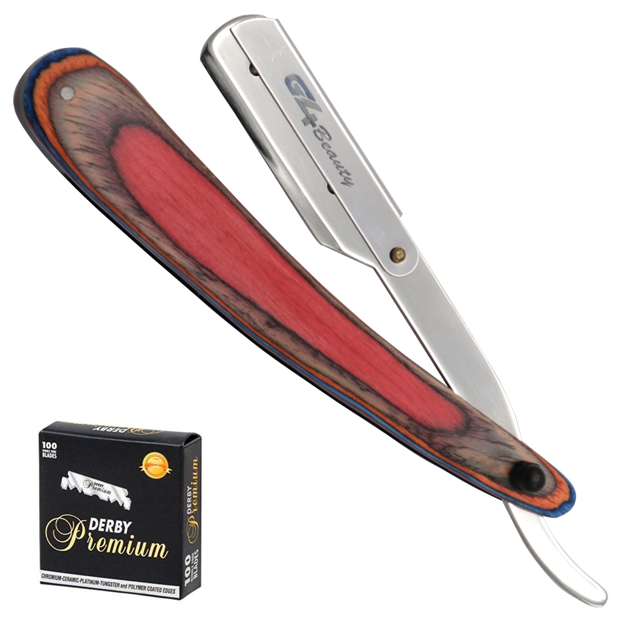 G4 Vision Professional Straight Edge Razor - Stainless Steel Folding Cut Throat Razor with Artificial Wood Handle & 100 Free Single Edge Blades - Perfect for Barber Shaving, Beard Trimming & Personal Grooming